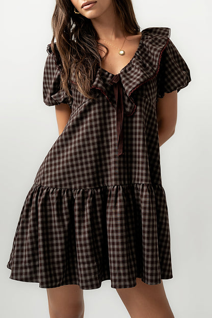 Tony Gingham Baby Doll Dress in Brown - FINAL SALE