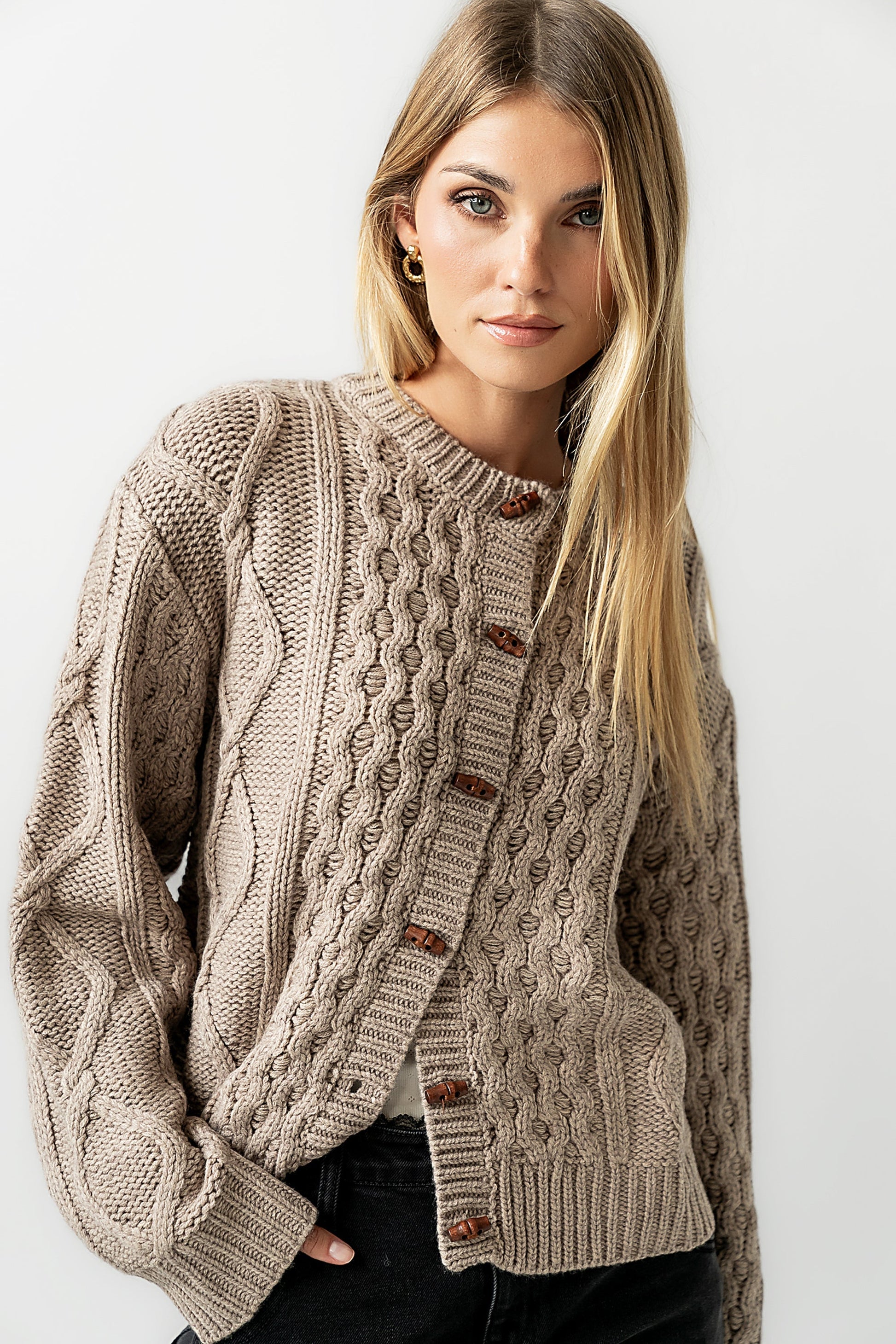 Noah Cable Knit Cardigan in Taupe - FINAL SALE