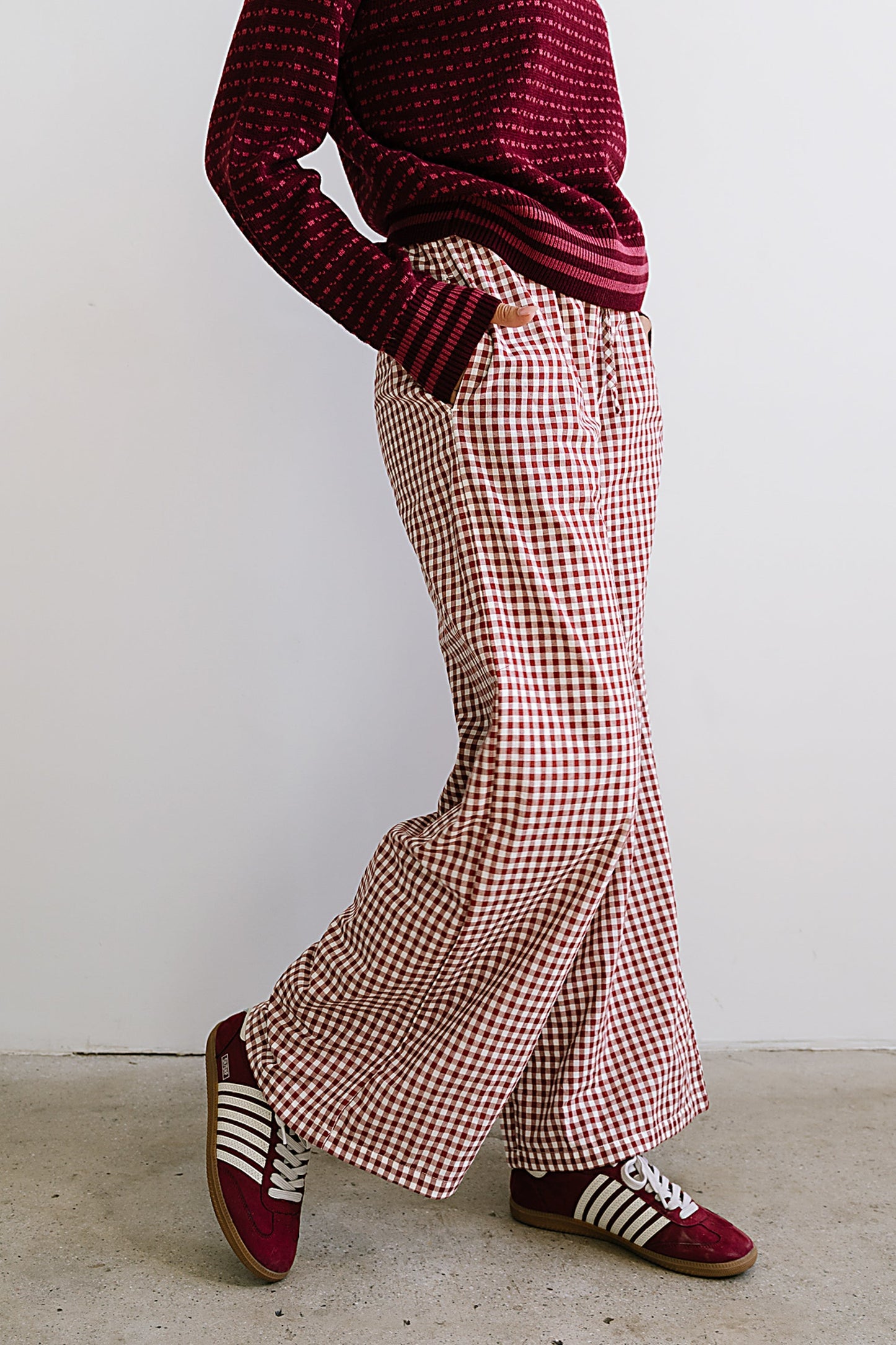 Ada Gingham Wide Leg Pants in Burgundy - FINAL SALE