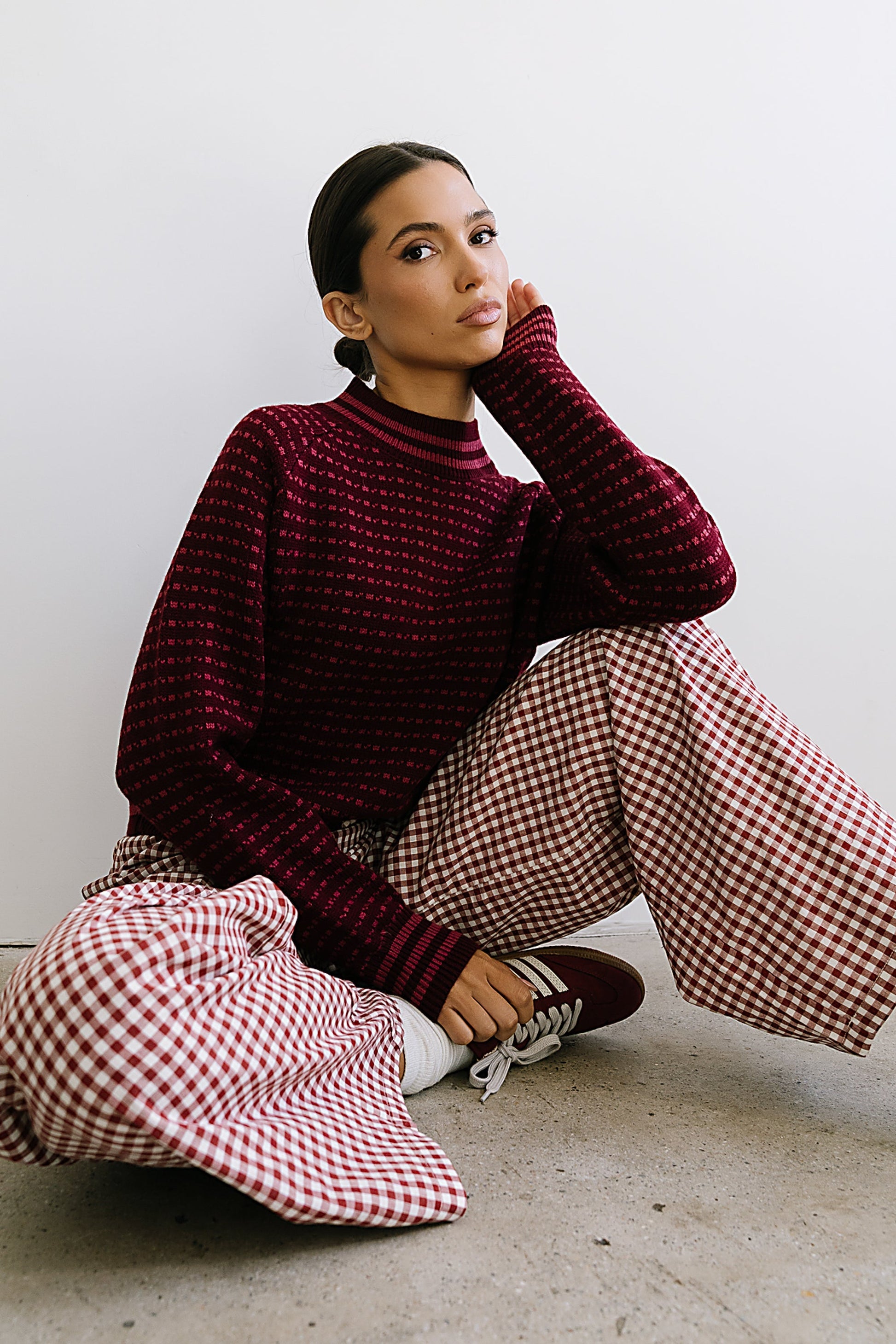 Ada Gingham Wide Leg Pants in Burgundy - FINAL SALE