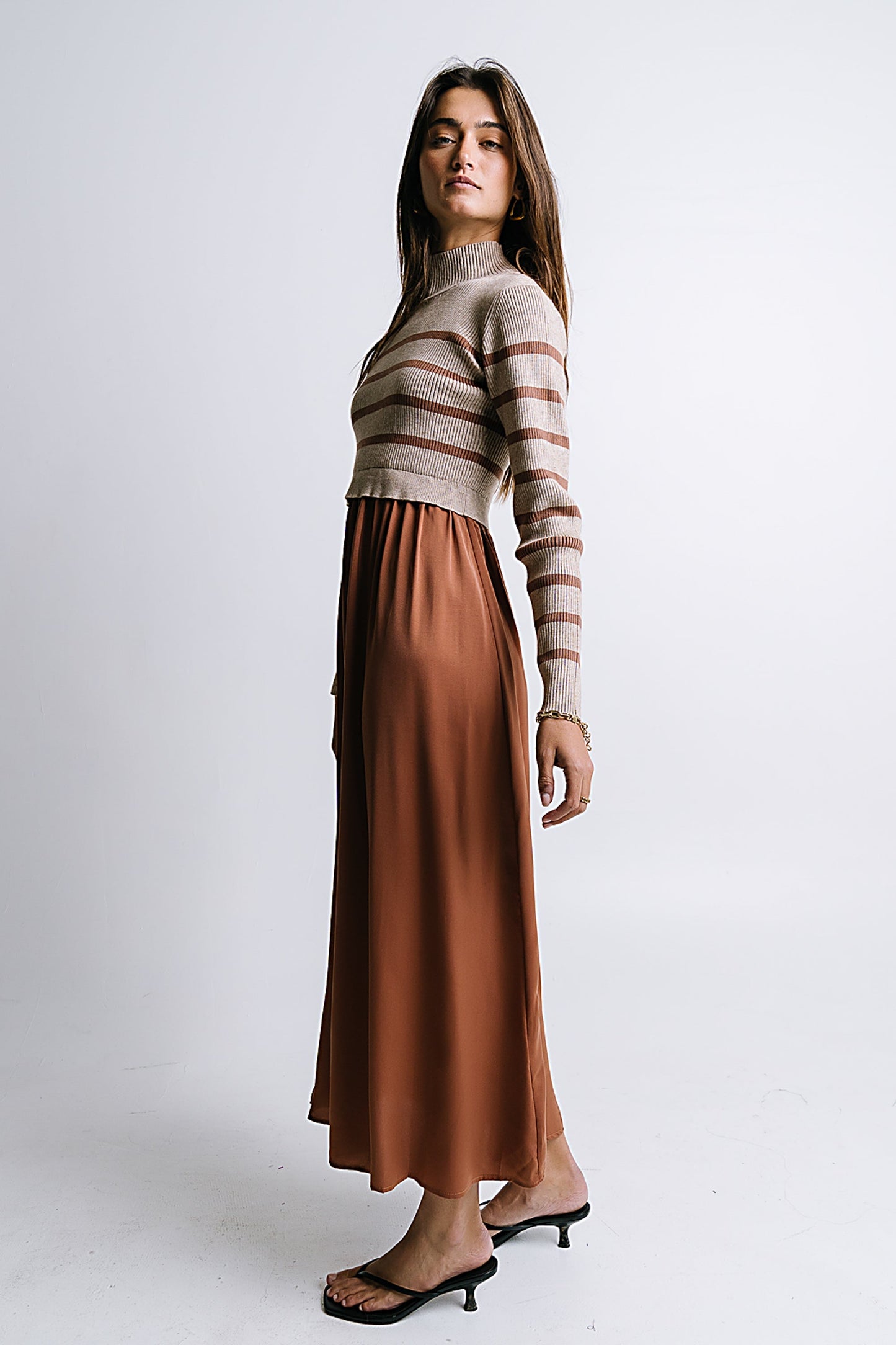 Zeda Midi Dress in Brown Stripe - FINAL SALE