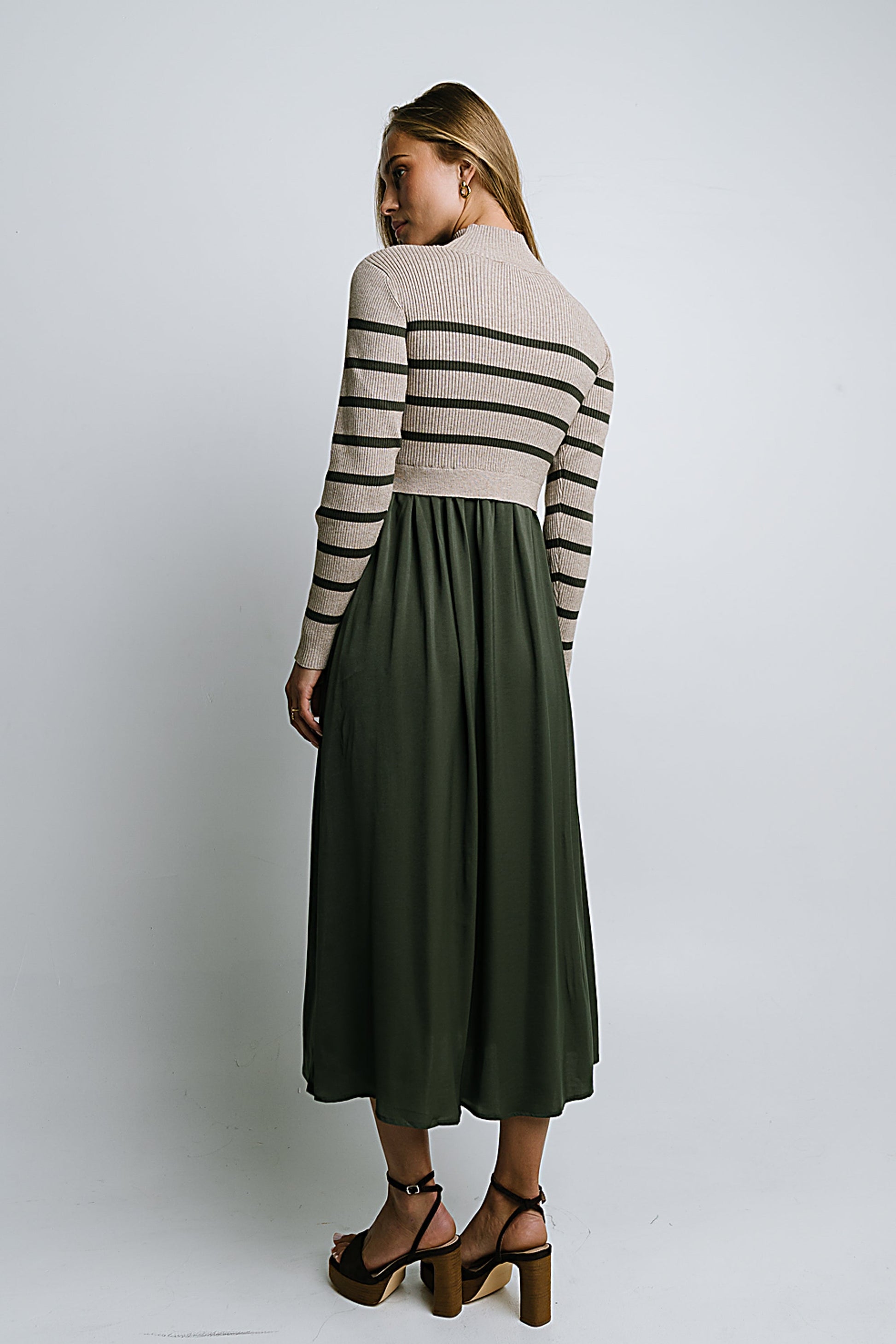 Zeda Midi Dress in Olive Stripe