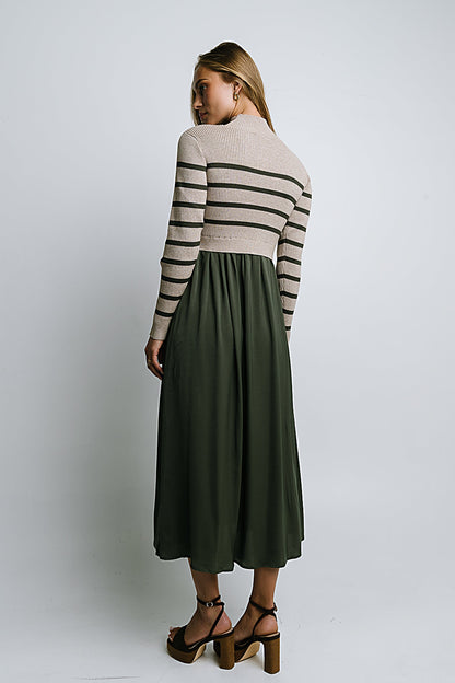 Zeda Midi Dress in Olive Stripe