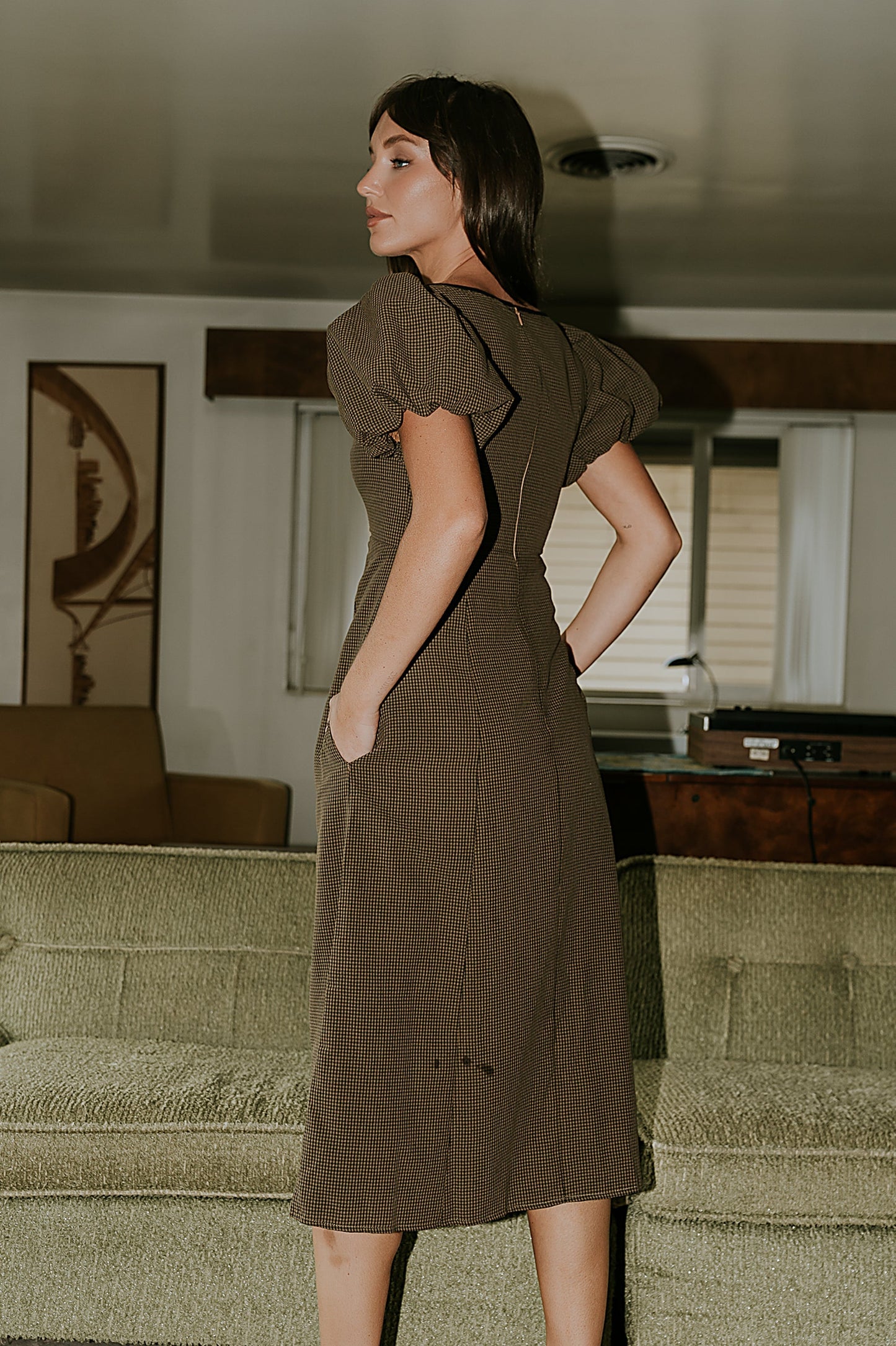 Elle Gingham Midi Dress in Brown - FINAL SALE