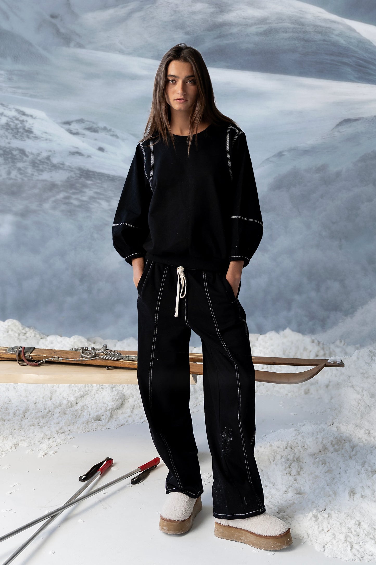 Malinda Mixed Media Baggy Pants in Black - FINAL SALE