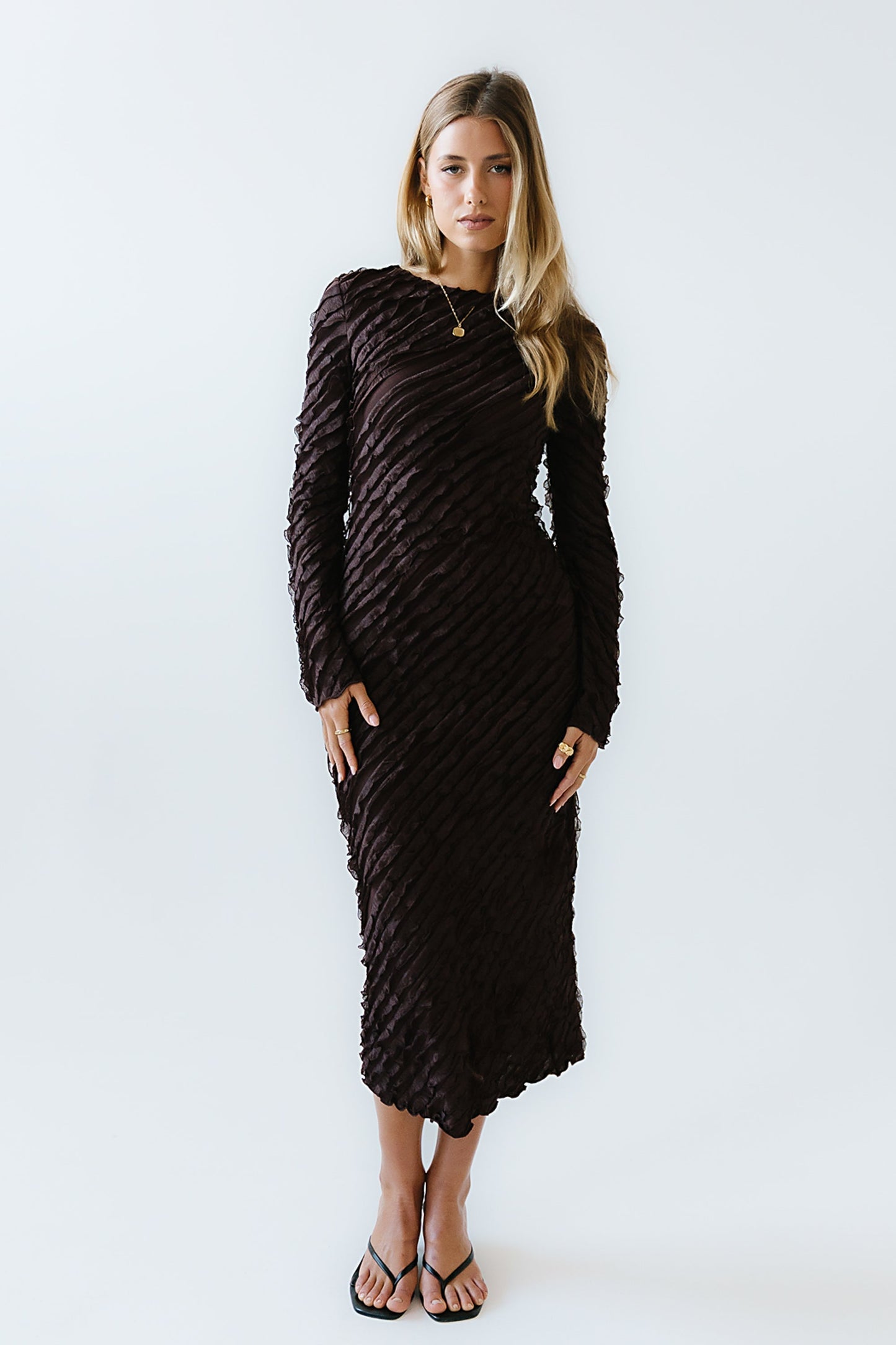 Bell Ruffle Maxi Dress in Brown