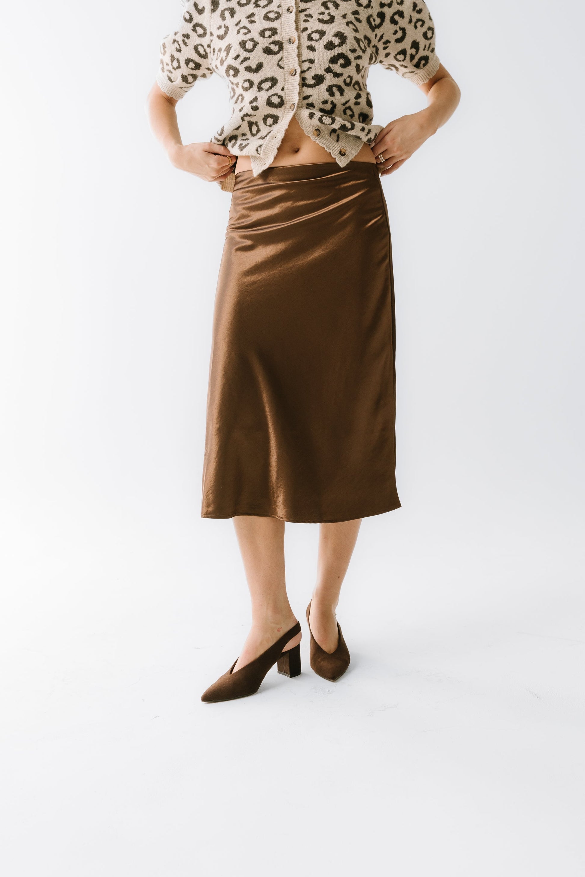 Juniper Satin Midi Skirt in Brown