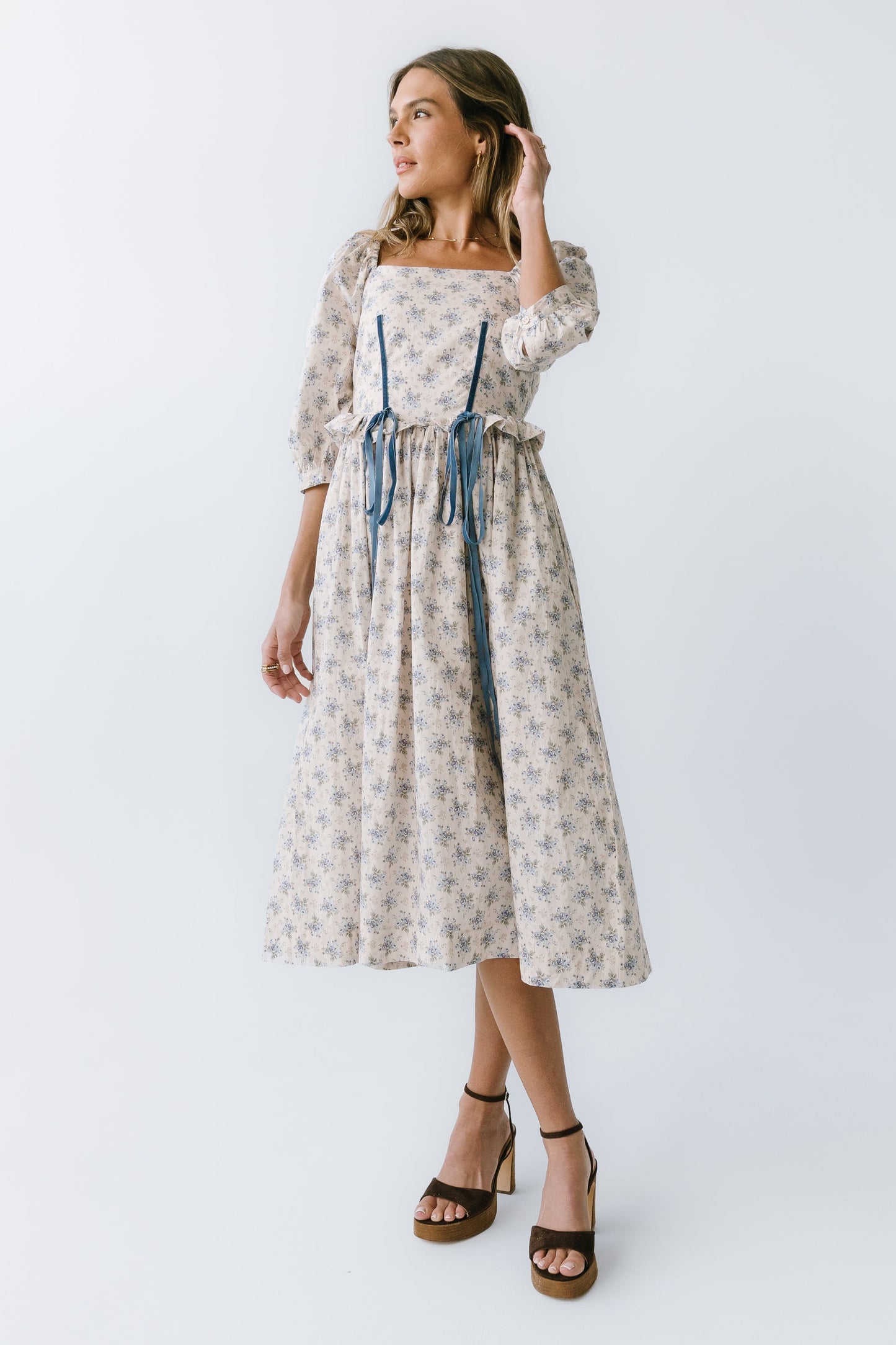 Gloria Floral Midi Dress in Ecru