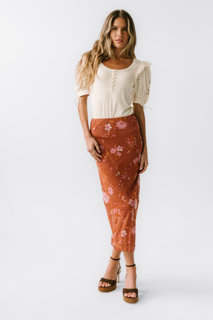 Carly Mesh Midi Skirt in Rust