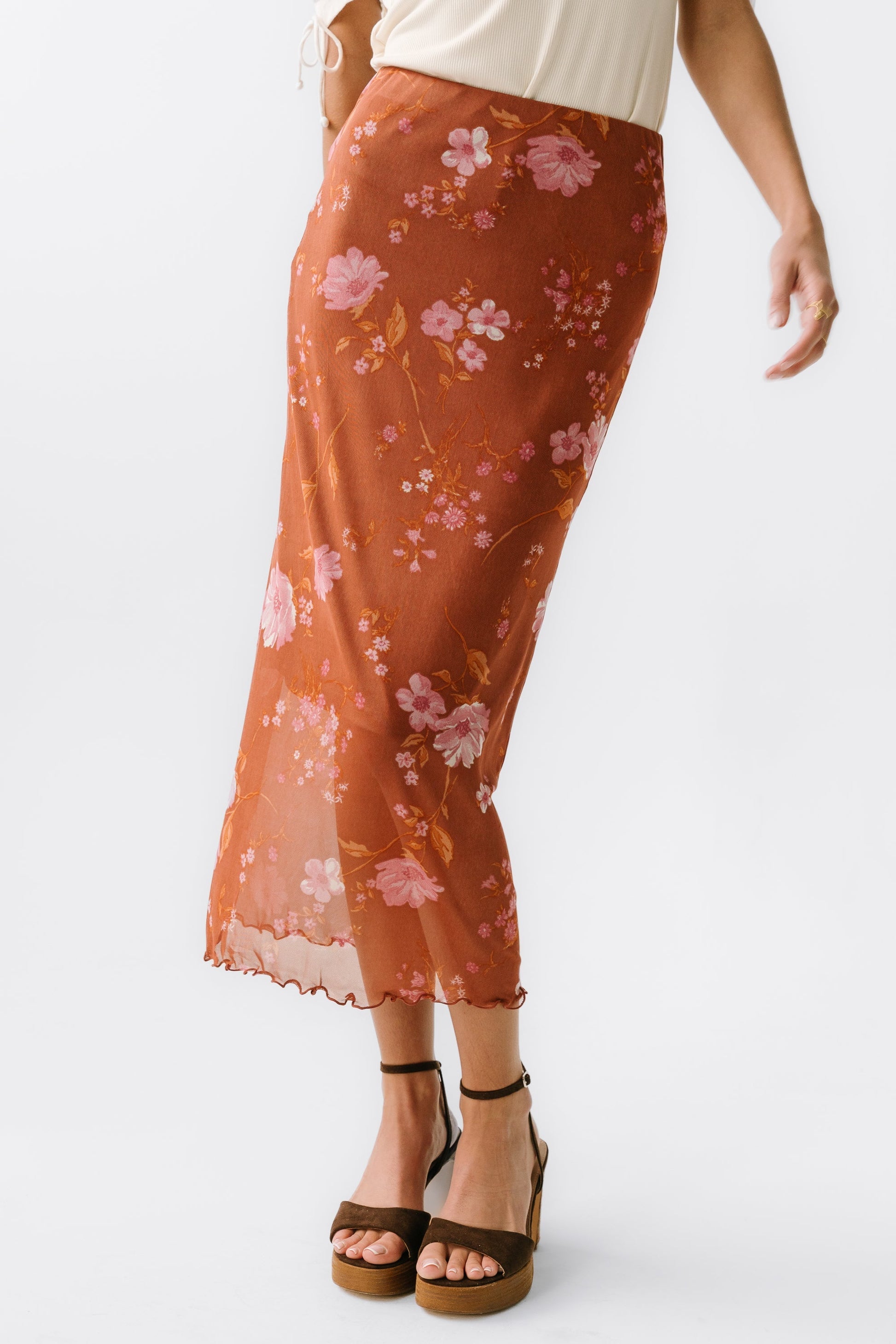 Carly Mesh Midi Skirt in Rust