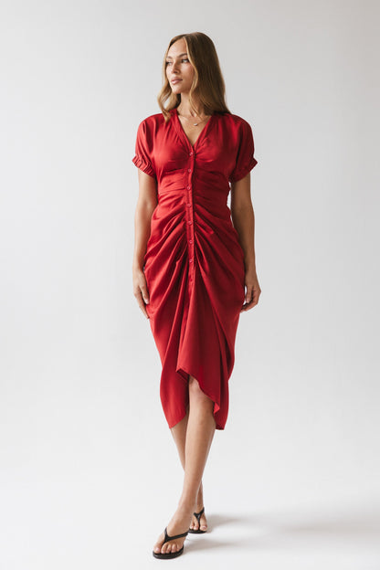 Opie Satin Midi Dress in Red-Orange