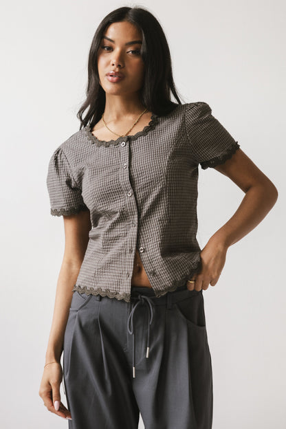 Serra Lace Trim Blouse in Charcoal - FINAL SALE