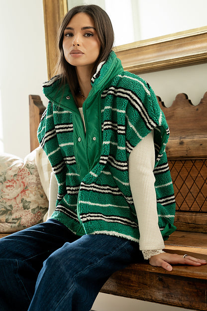 Mellanie Striped Sherpa Vest in Green