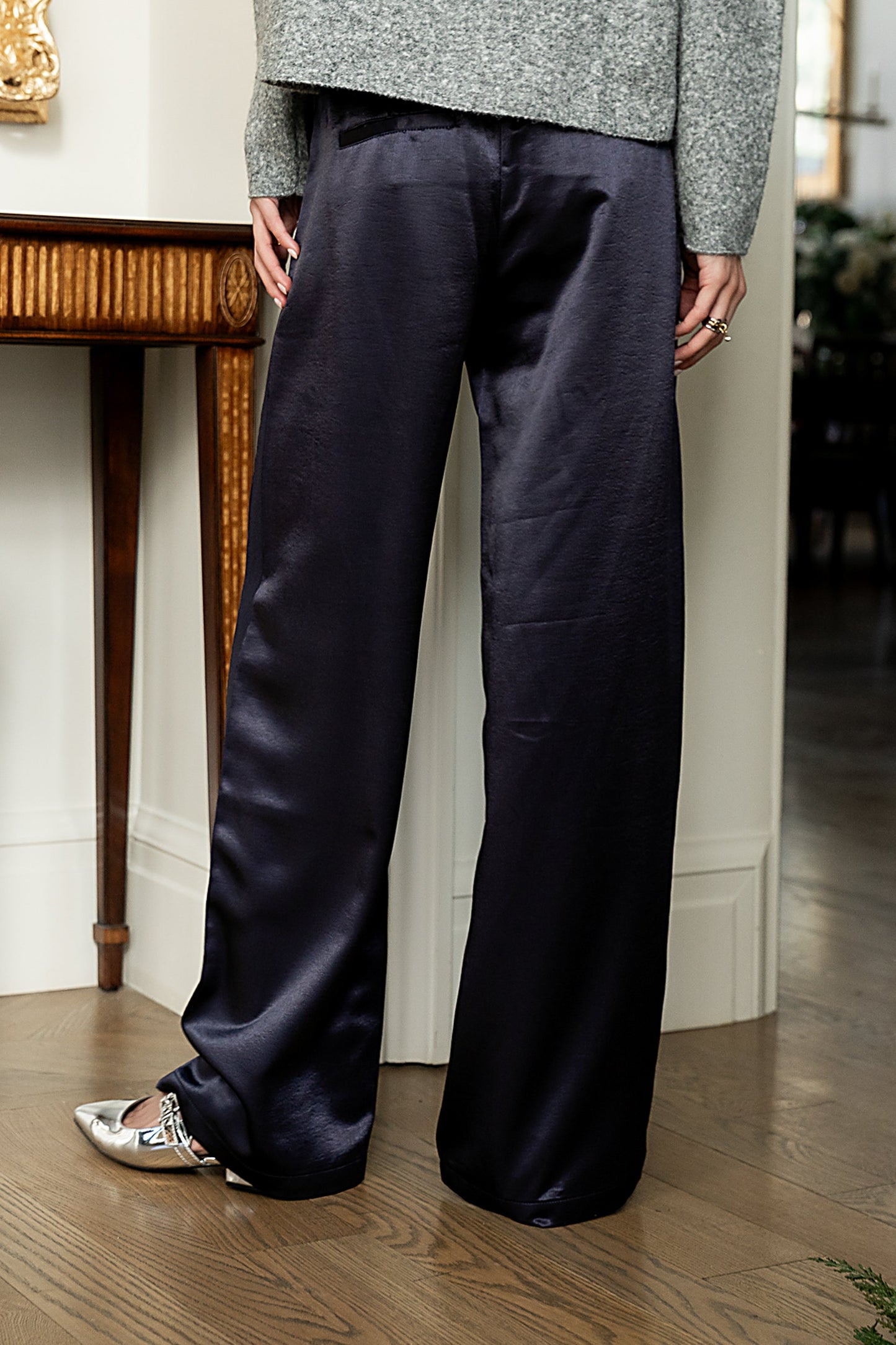 Gemma Satin Wide Leg Pants in Navy