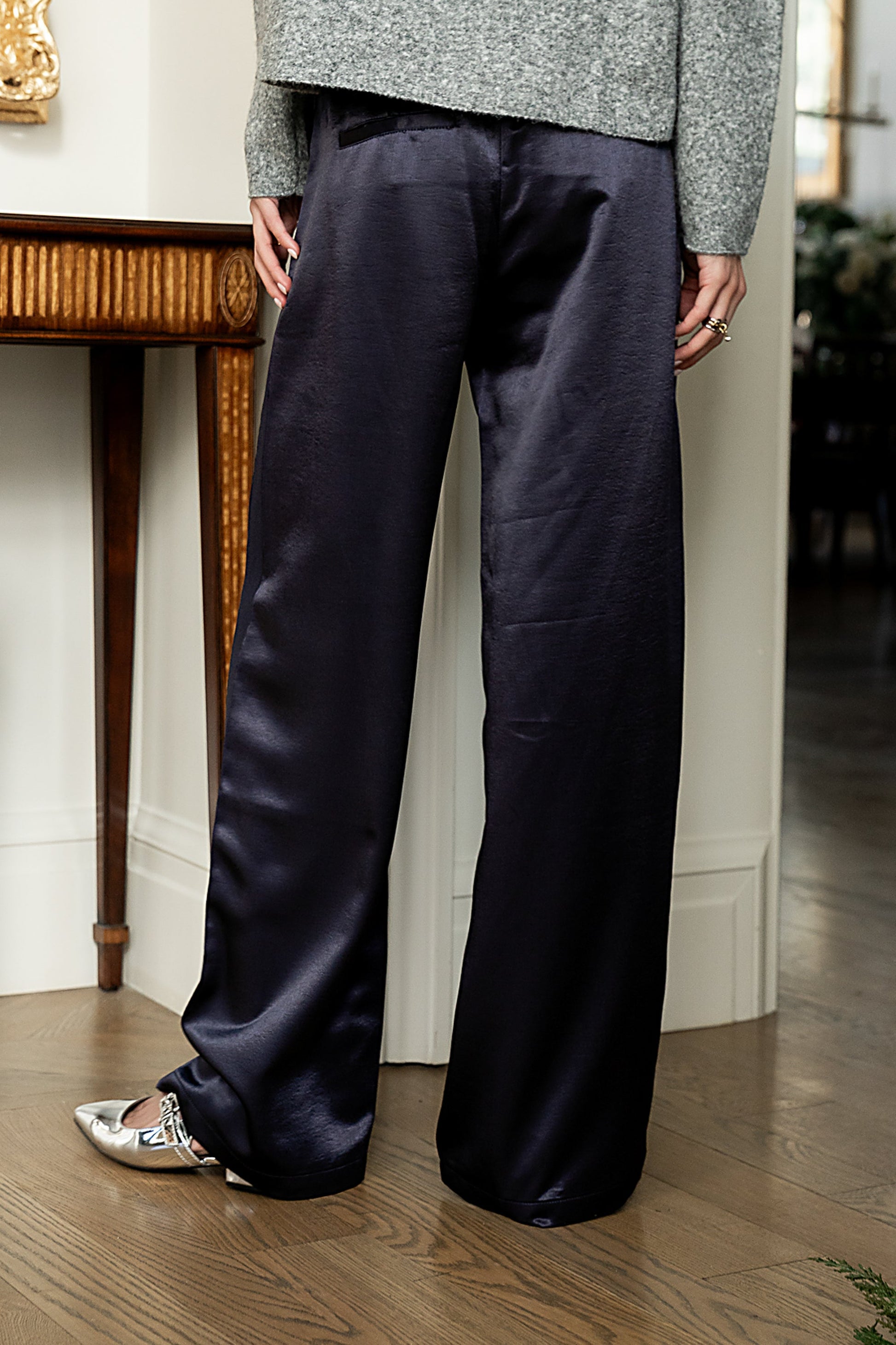 Gemma Satin Wide Leg Pants in Navy