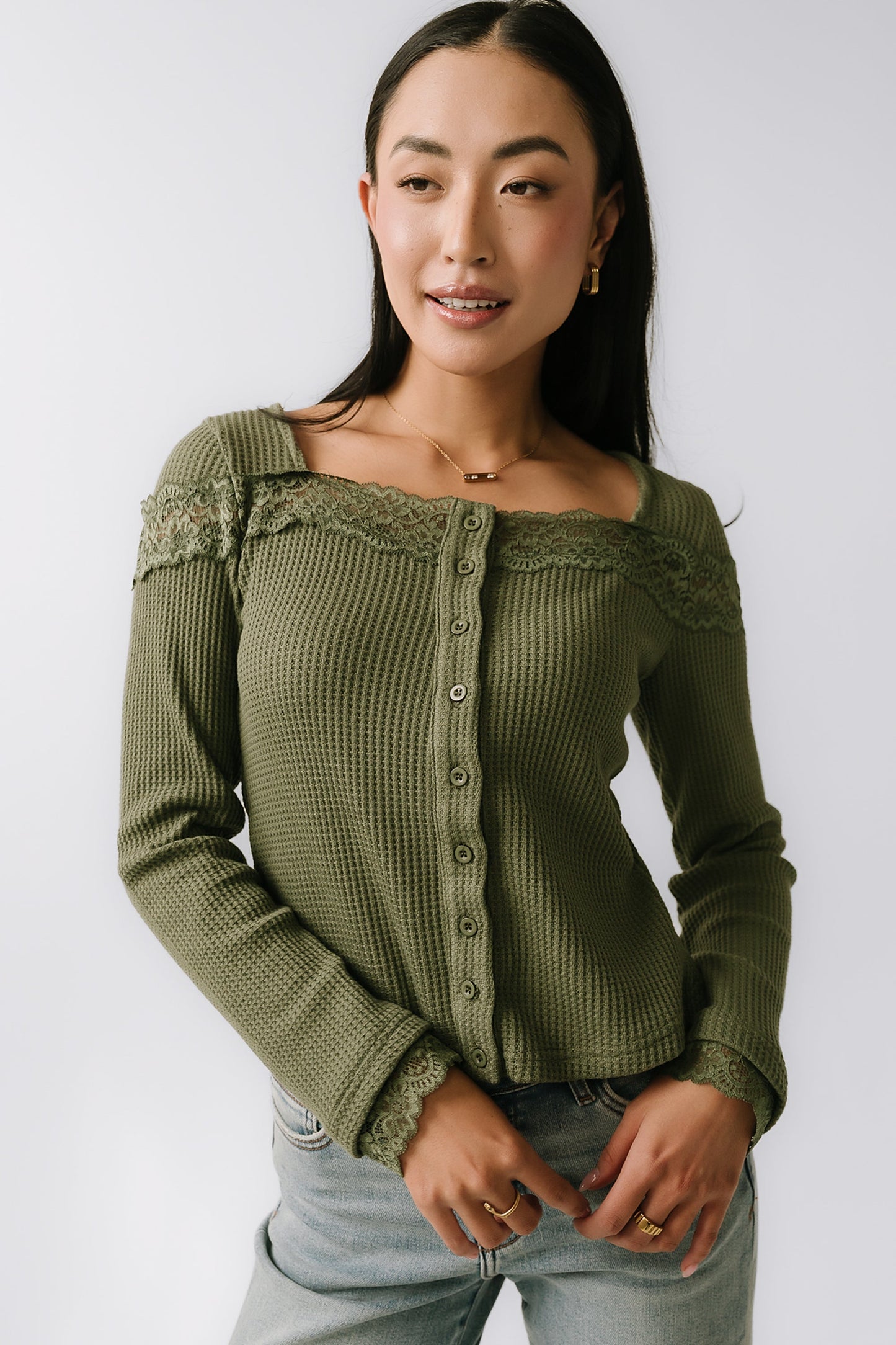 Kandice Waffle Knit Top in Olive