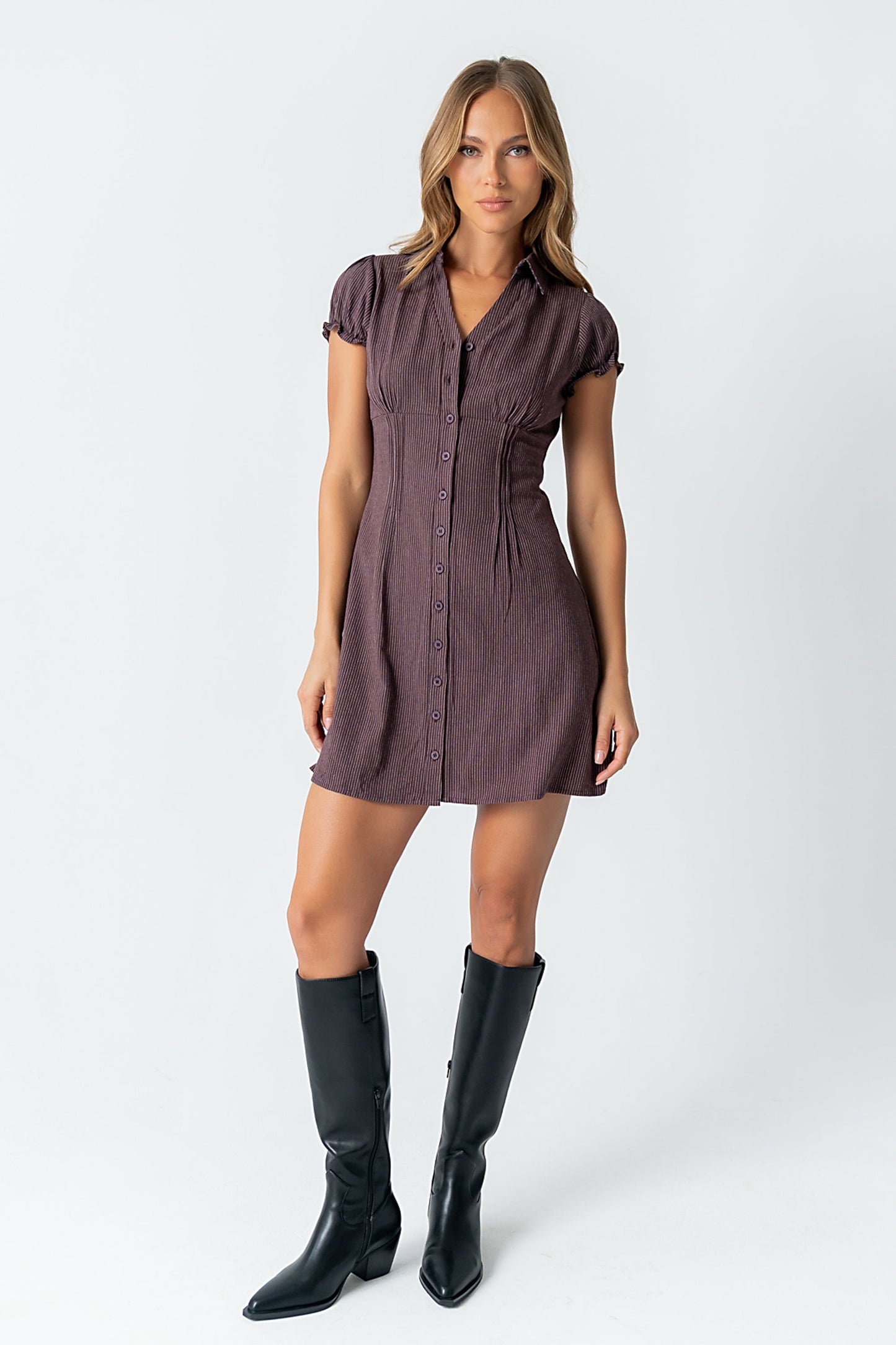 Lockie Pinstripe Mini Dress in Dark Brown - FINAL SALE