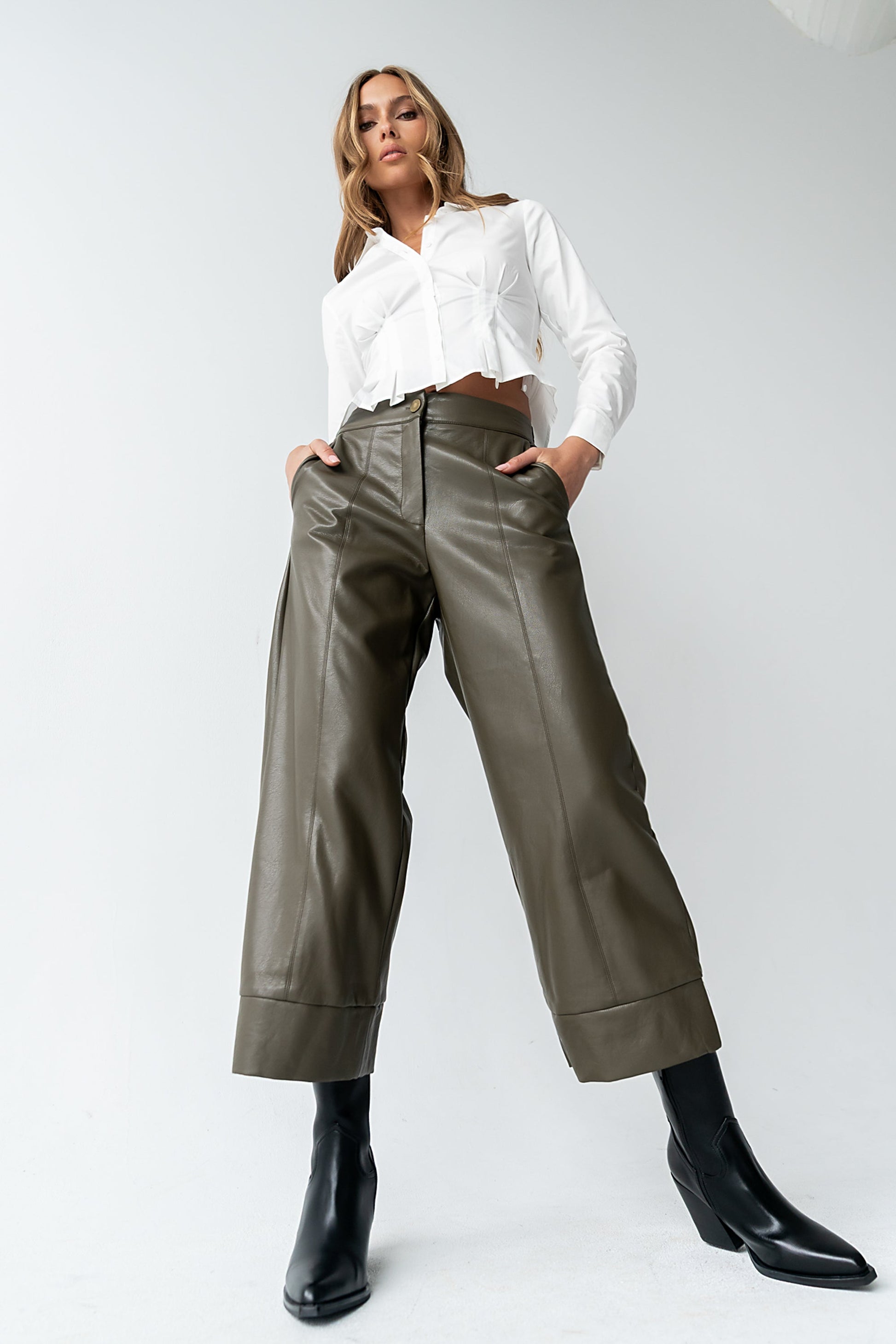 Ulani Vegan Leather Pants in Olive