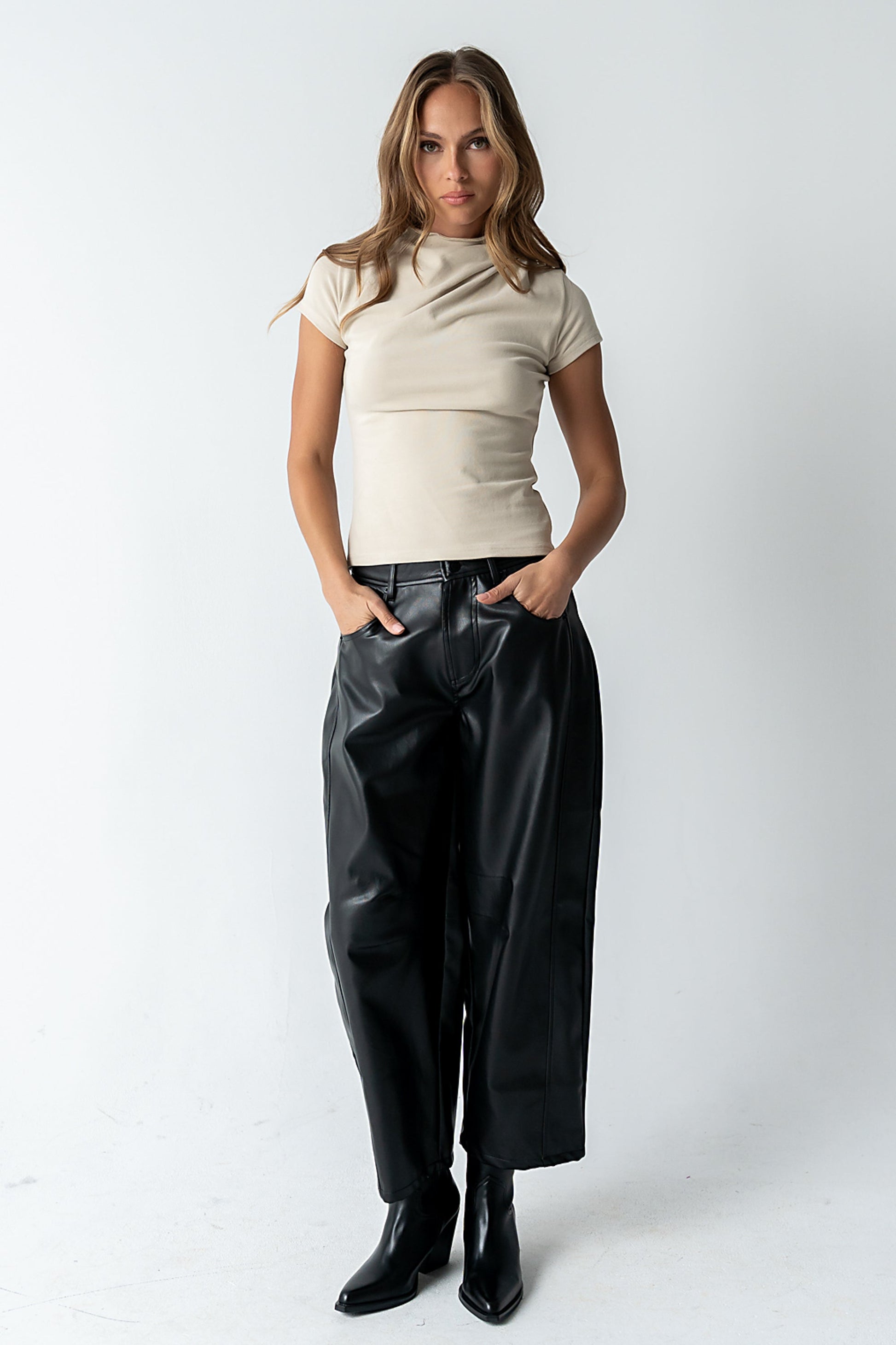 Langston Vegan Leather Barrel Jeans in Black - FINAL SALE