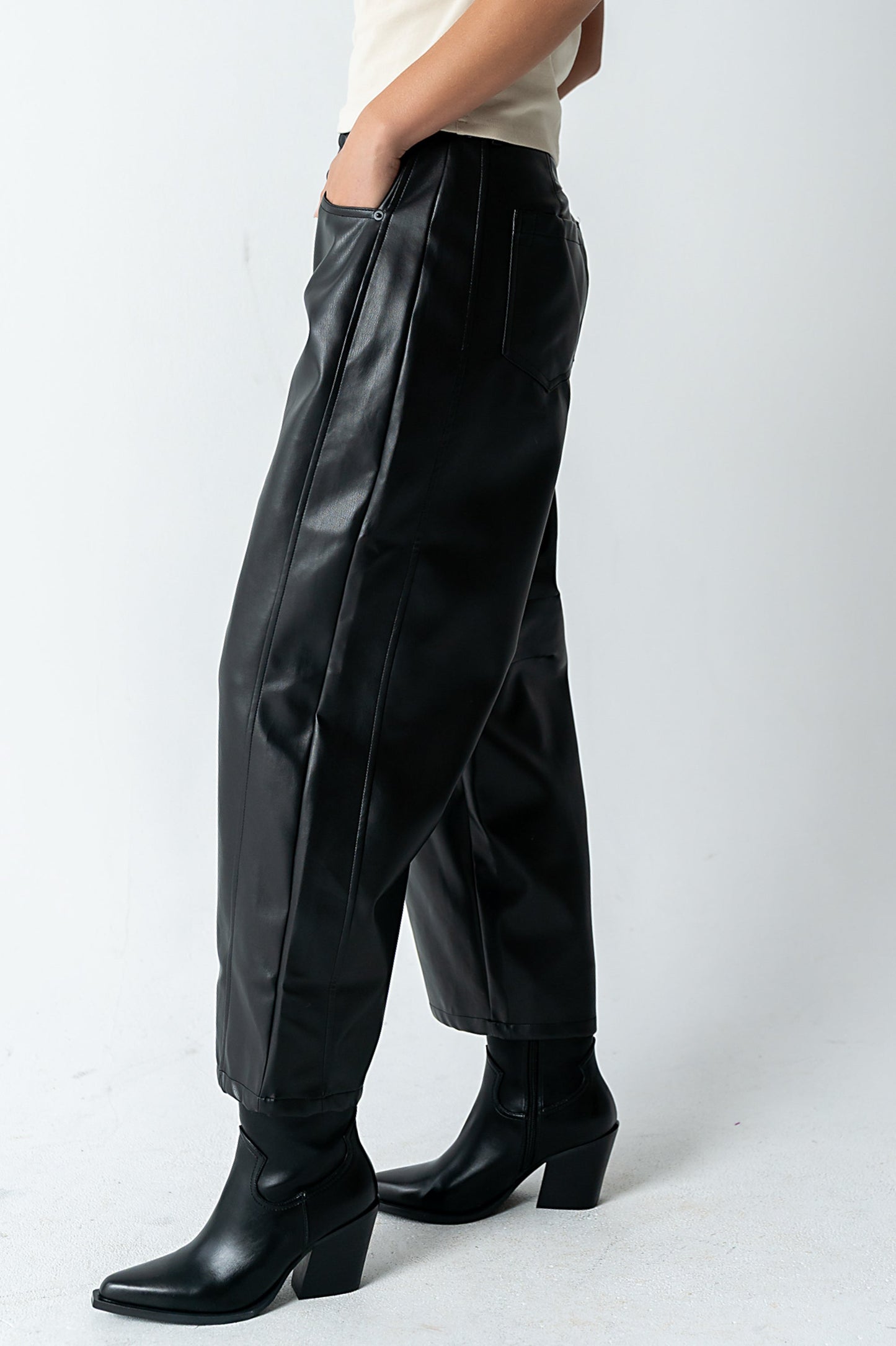 Langston Vegan Leather Barrel Jeans in Black - FINAL SALE