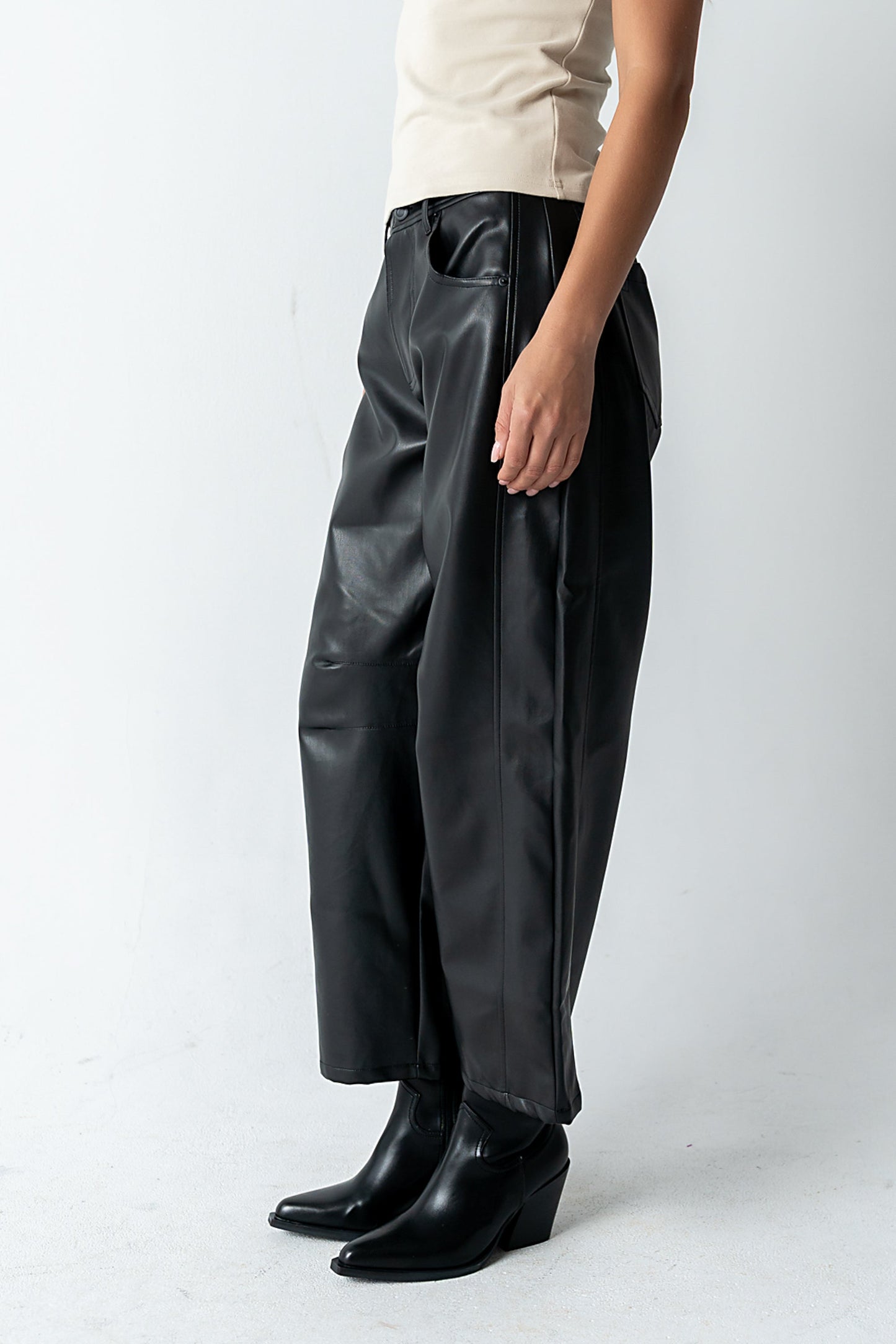 Langston Vegan Leather Barrel Jeans in Black - FINAL SALE