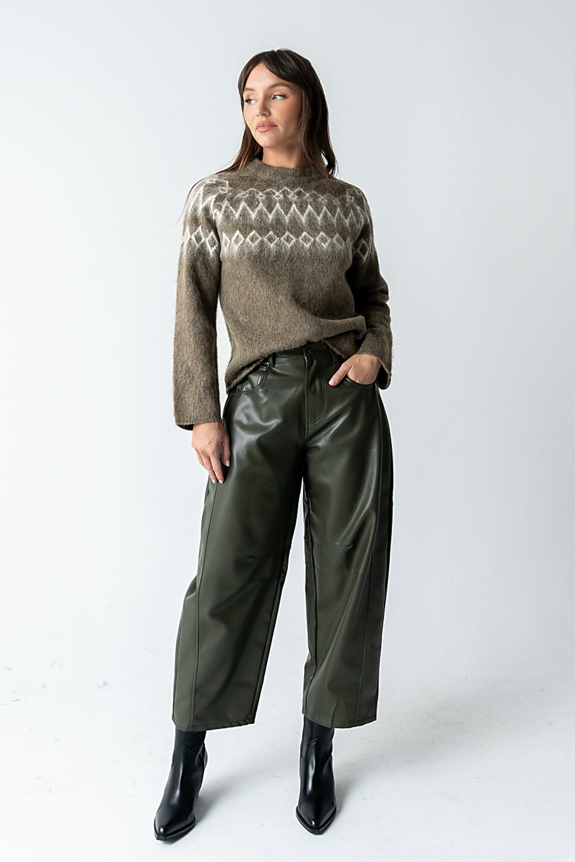 Langston Vegan Leather Barrel Jeans in Olive