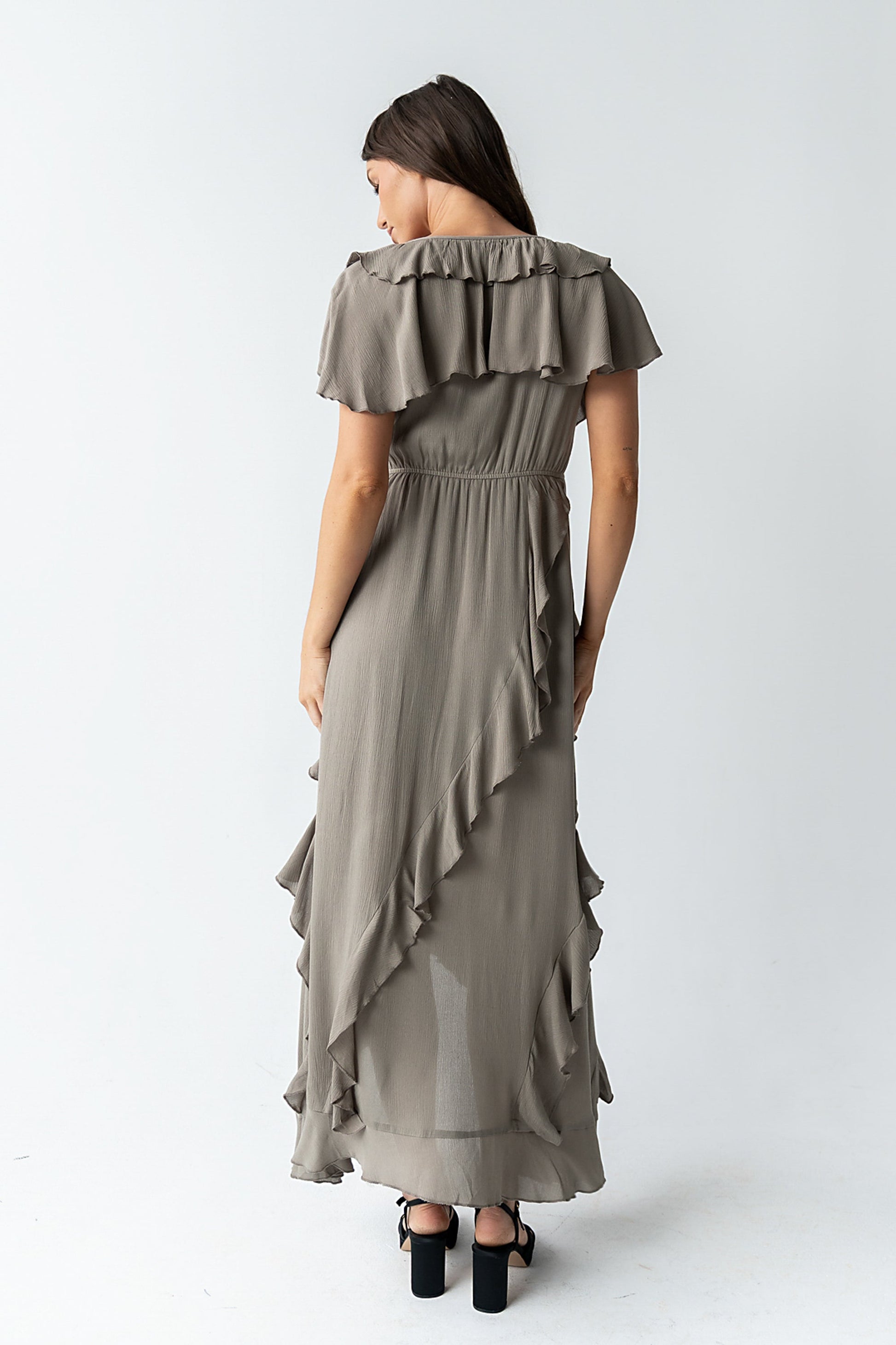 Kora Ruffle Maxi Dress in Olive