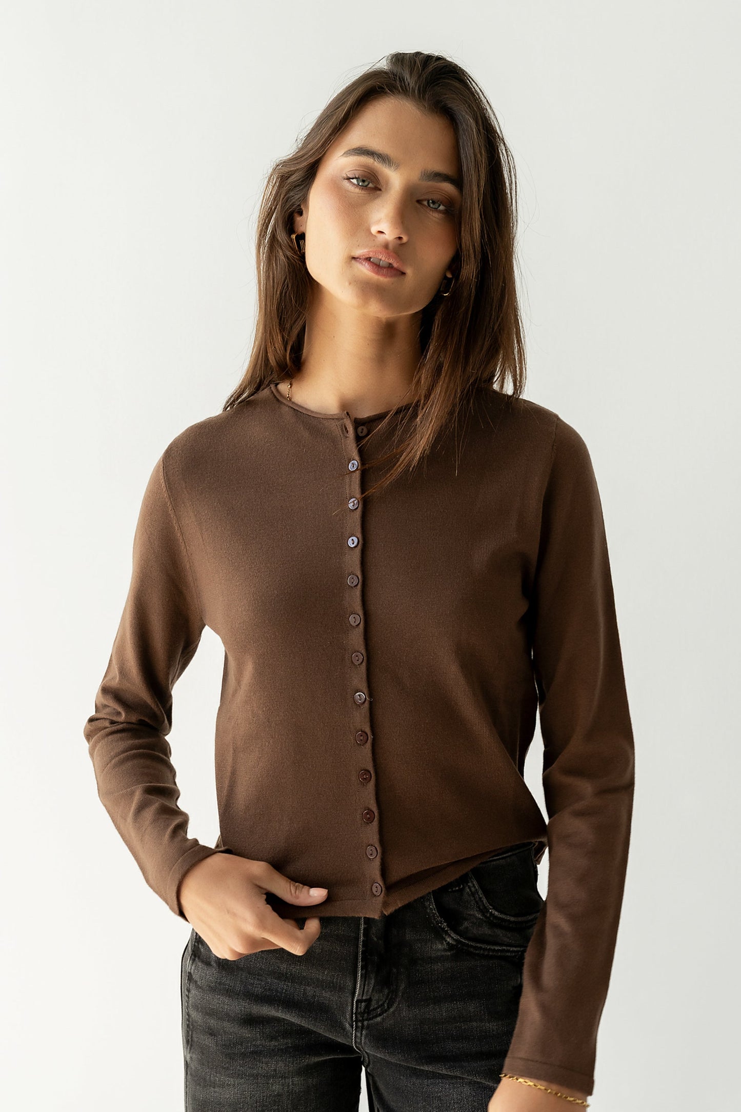 Maddy Button Up Cardigan in Brown
