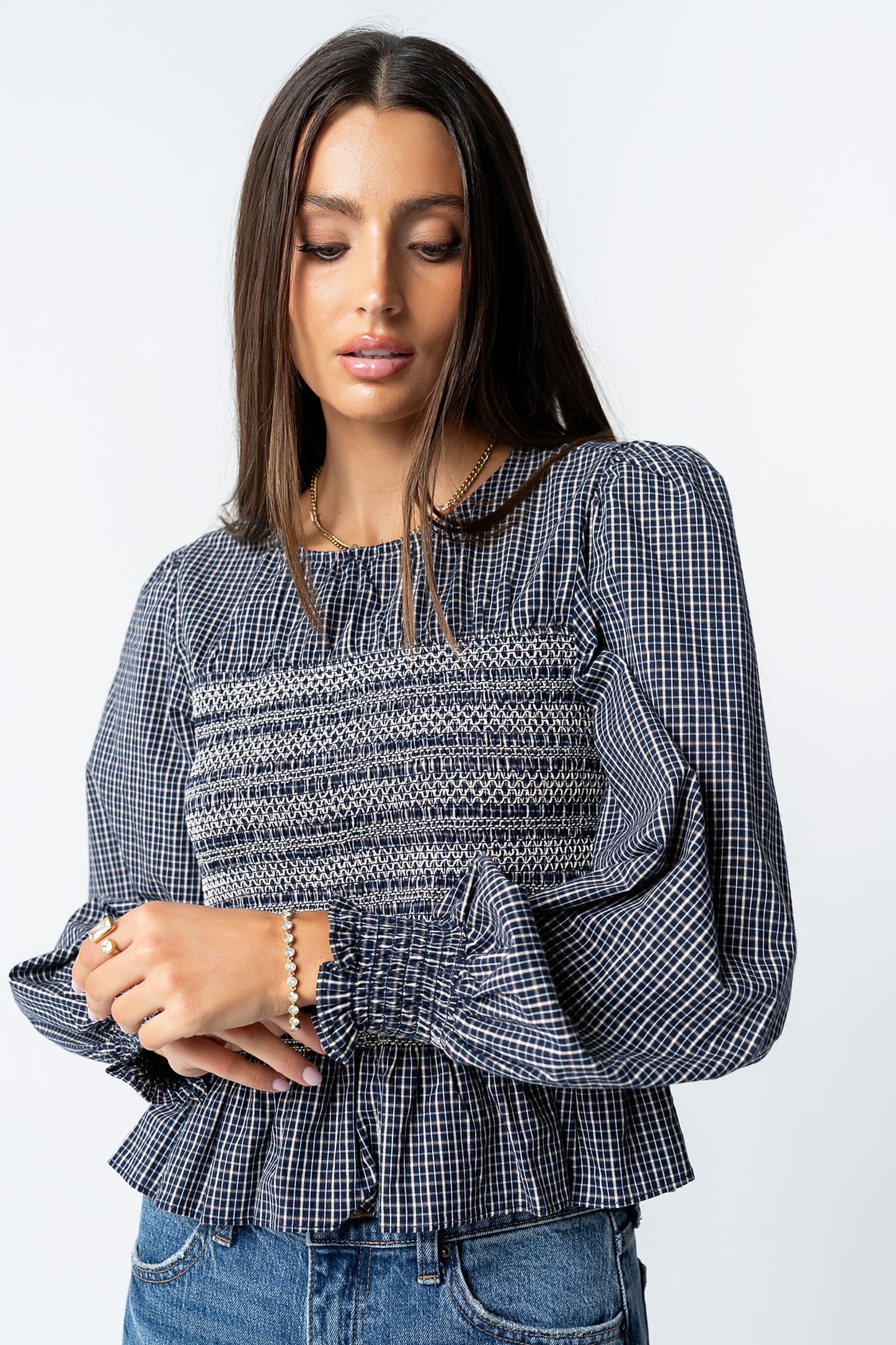 Kesley Smocked Blouse in Navy