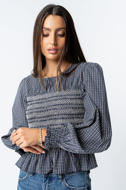 Kesley Smocked Blouse in Navy