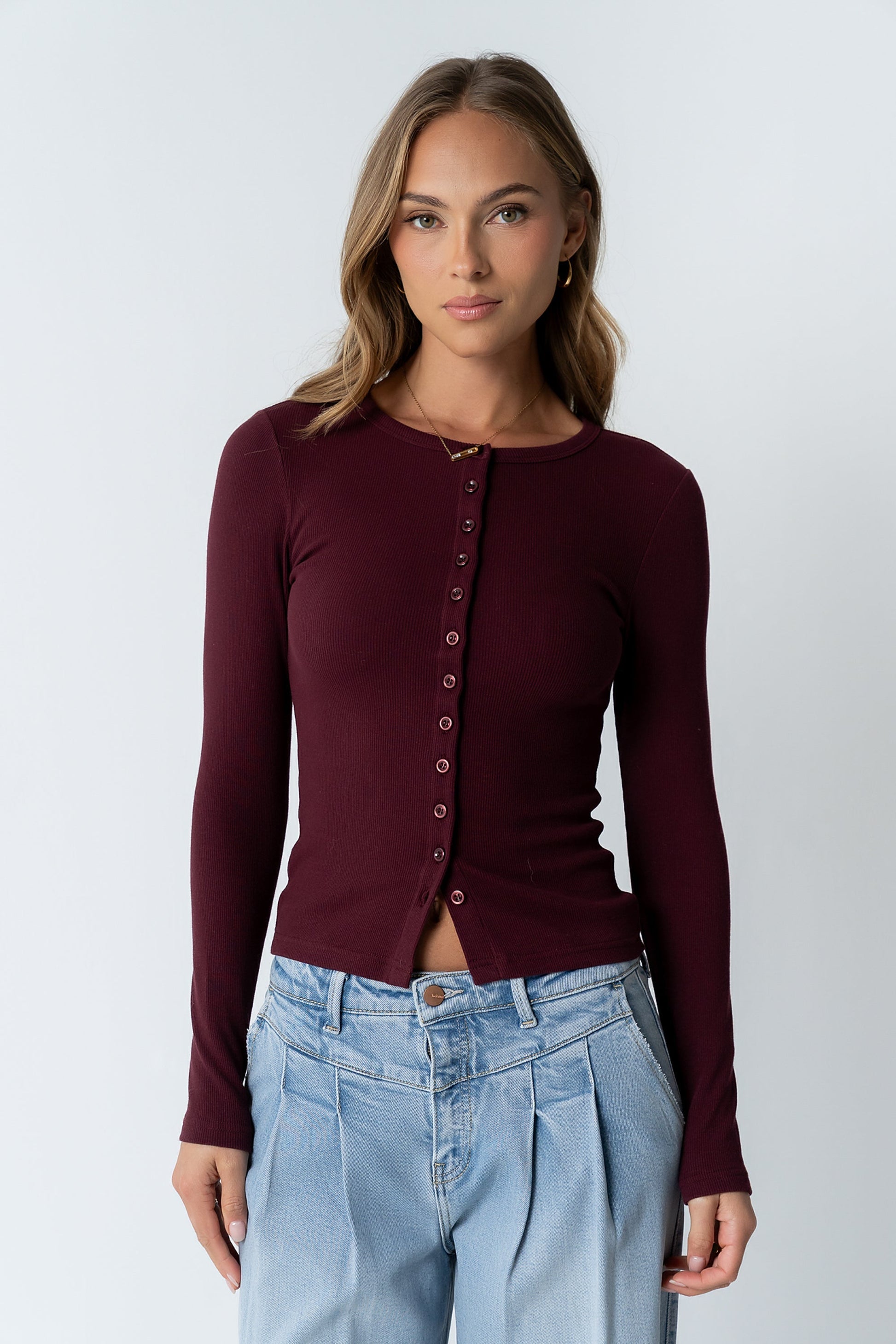 Mia Button Up Top in Burgundy