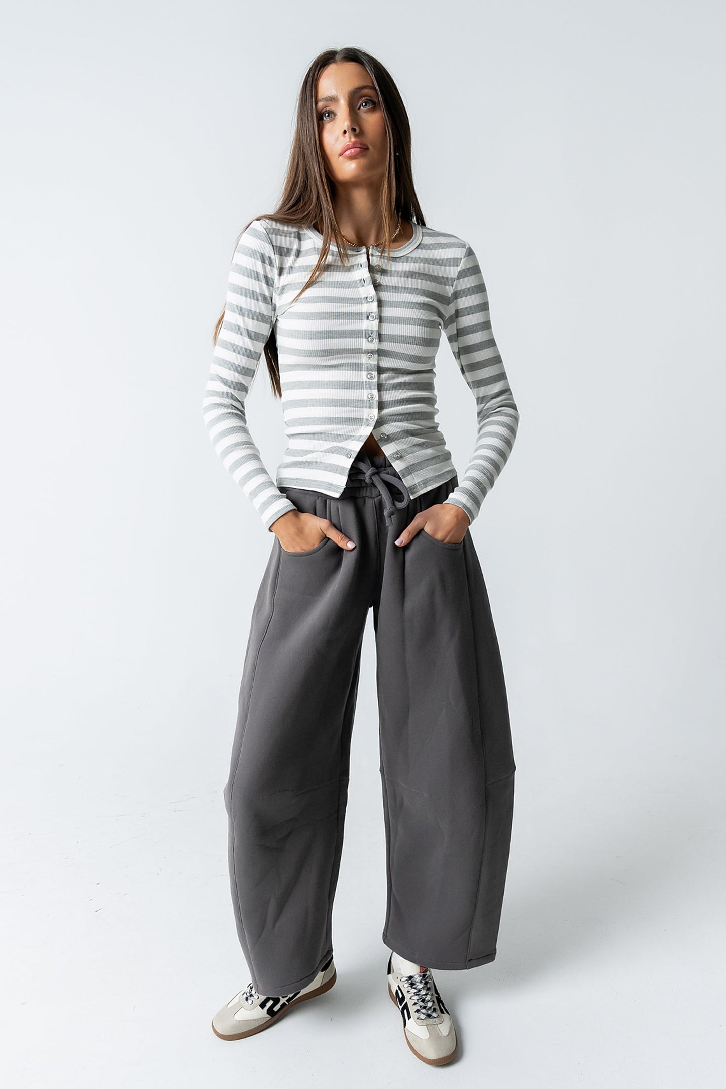 Mia Button Up Top in Striped Grey
