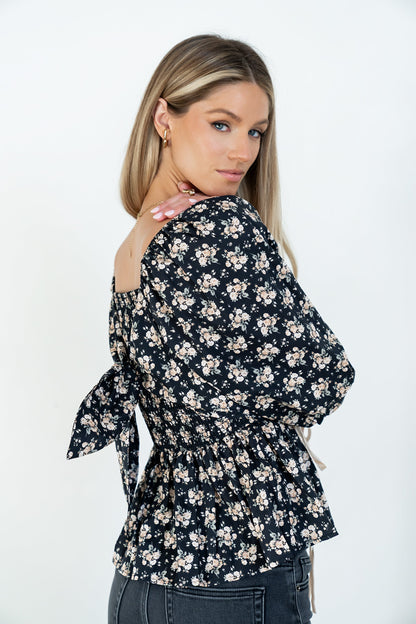 Jerzey Floral Peplum Blouse in Black