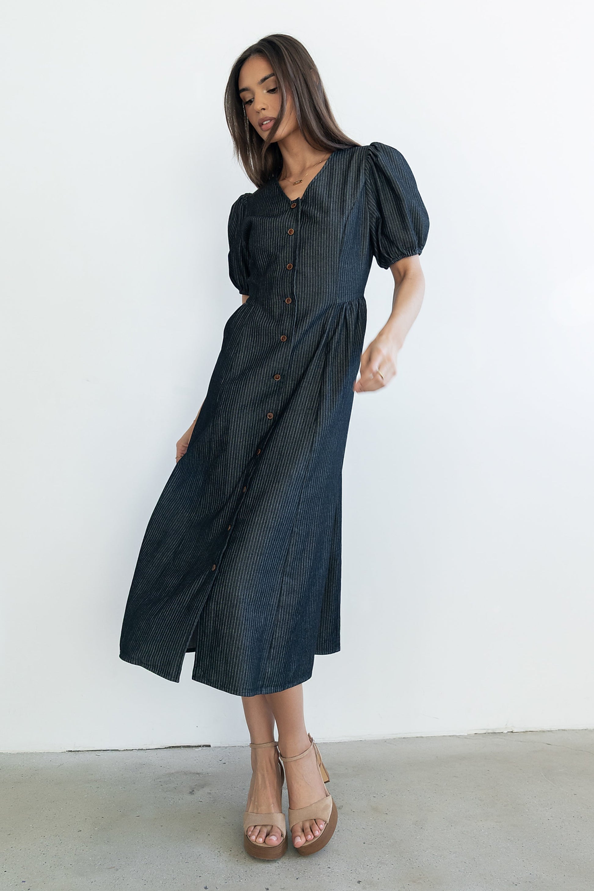 Conley Pinstripe Midi Dress in Black