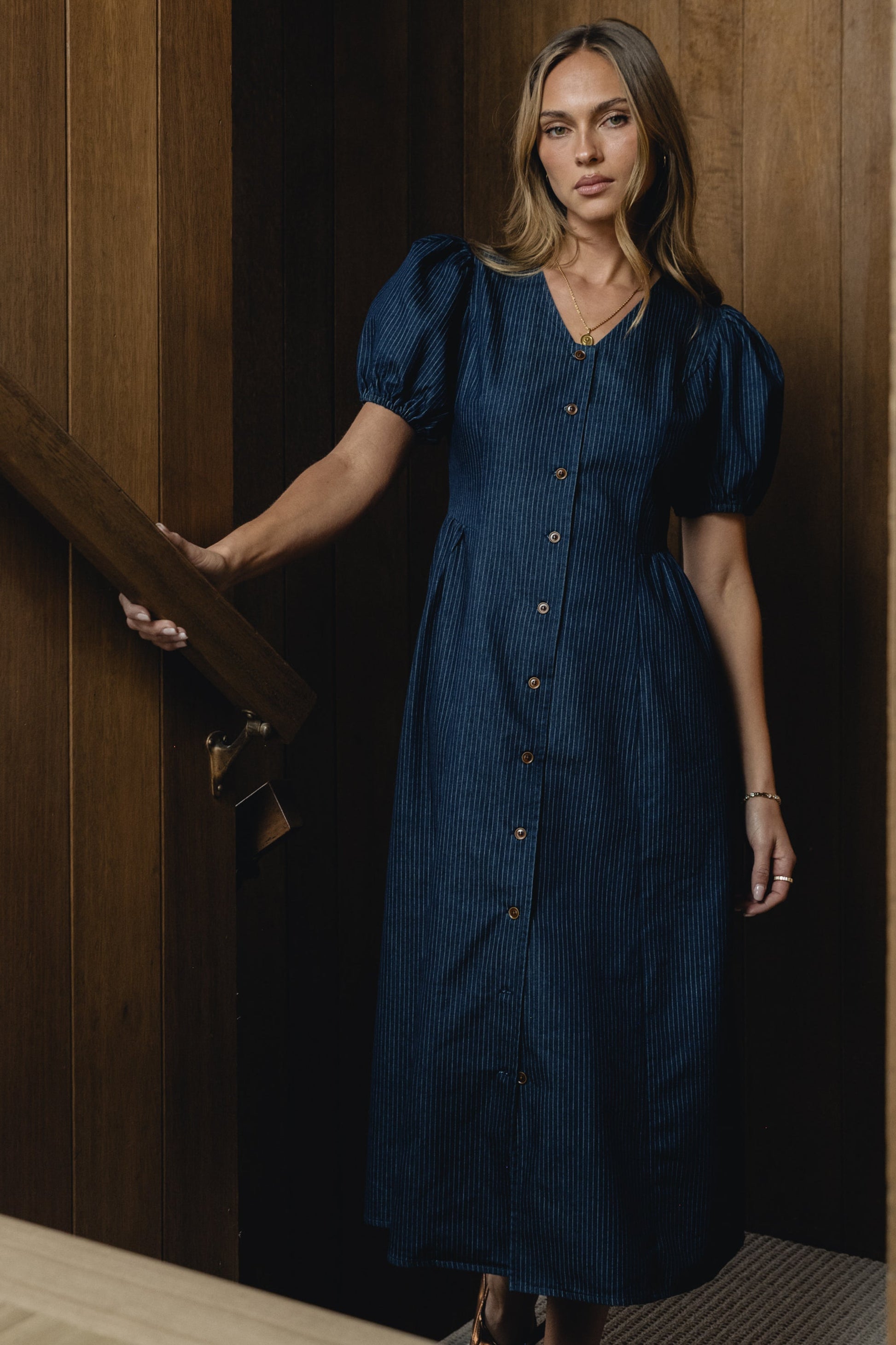 Conley Pinstripe Midi Dress in Medium Wash