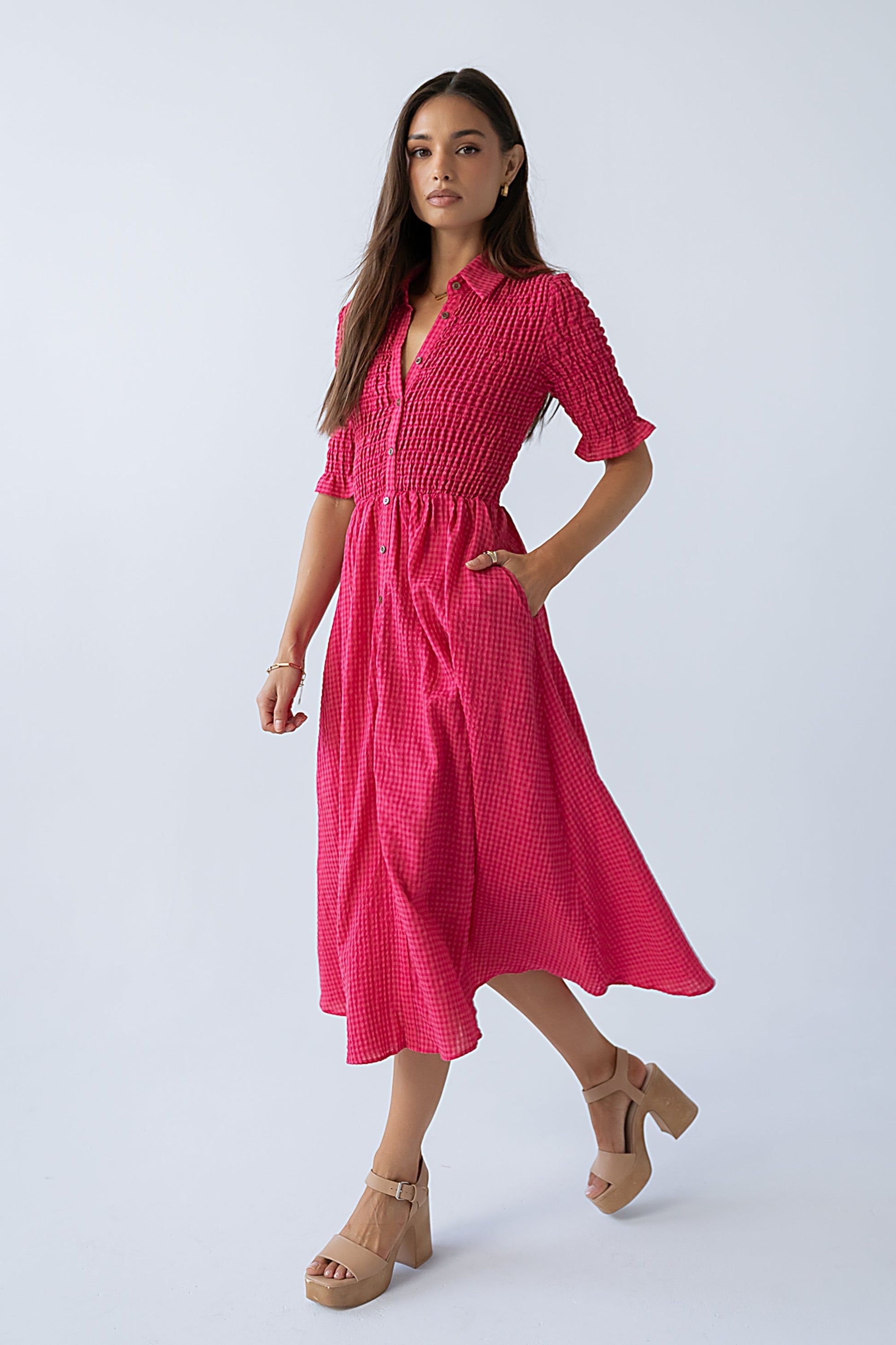 Jonas Gingham Midi Dress in Pink