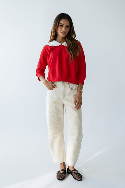 Kinsey Embroidered Barrel Jeans in Beige