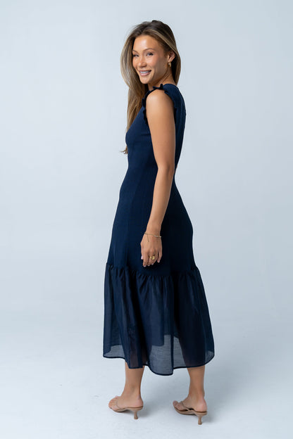 Lara Ribbed Midi Dress in Navy