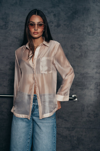Liberty Sheer Button Up Blouse in Blush