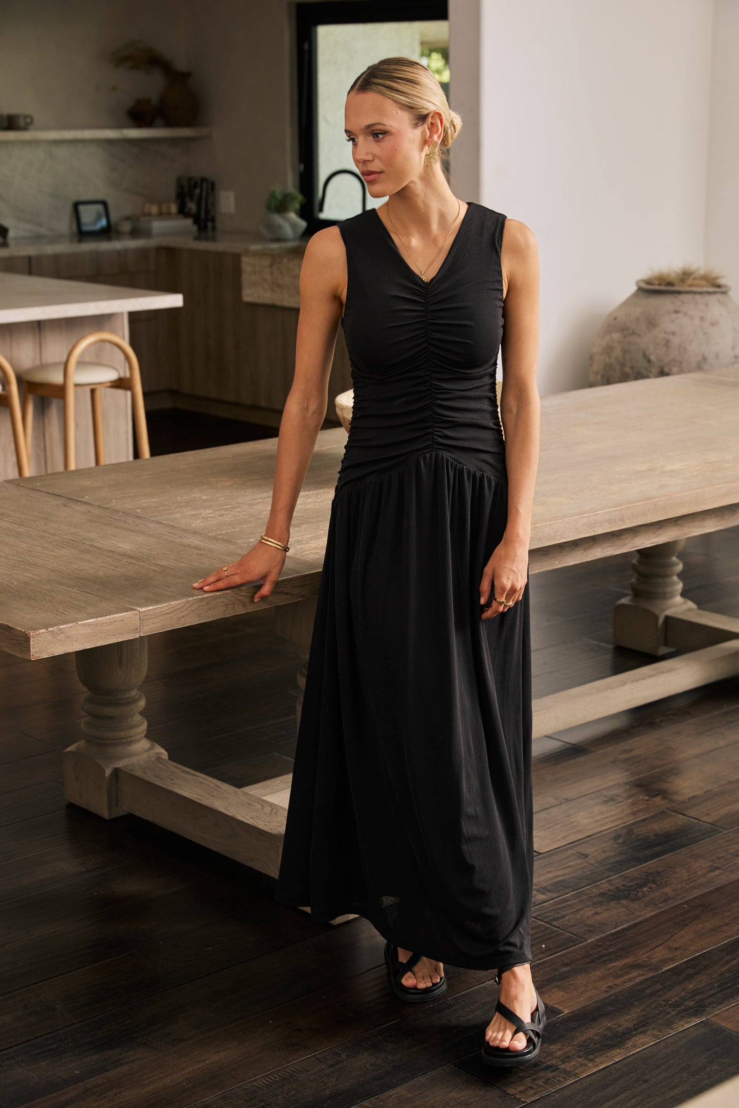 Kandi Ruched Maxi Dress in Black