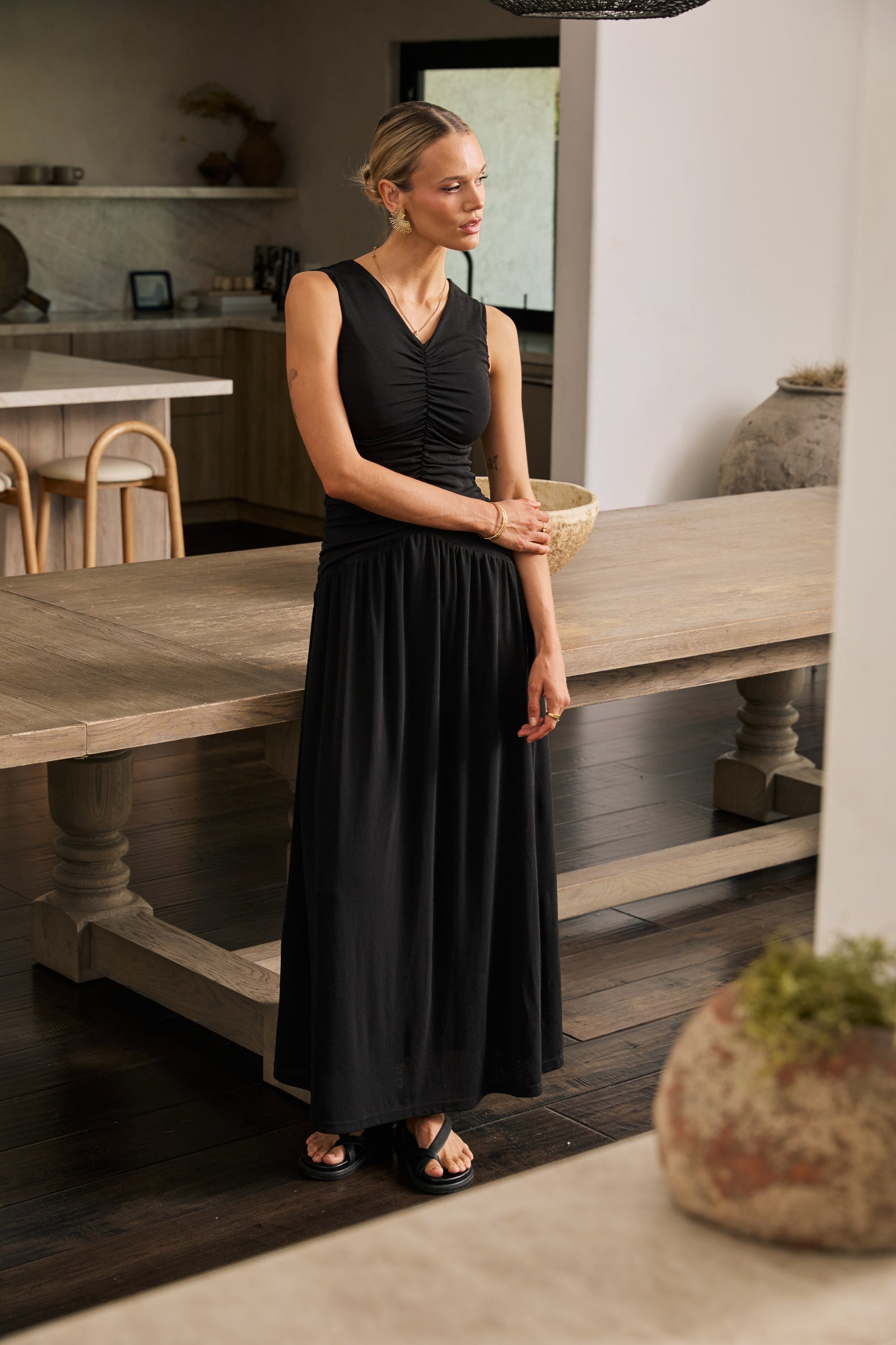 Kandi Ruched Maxi Dress in Black