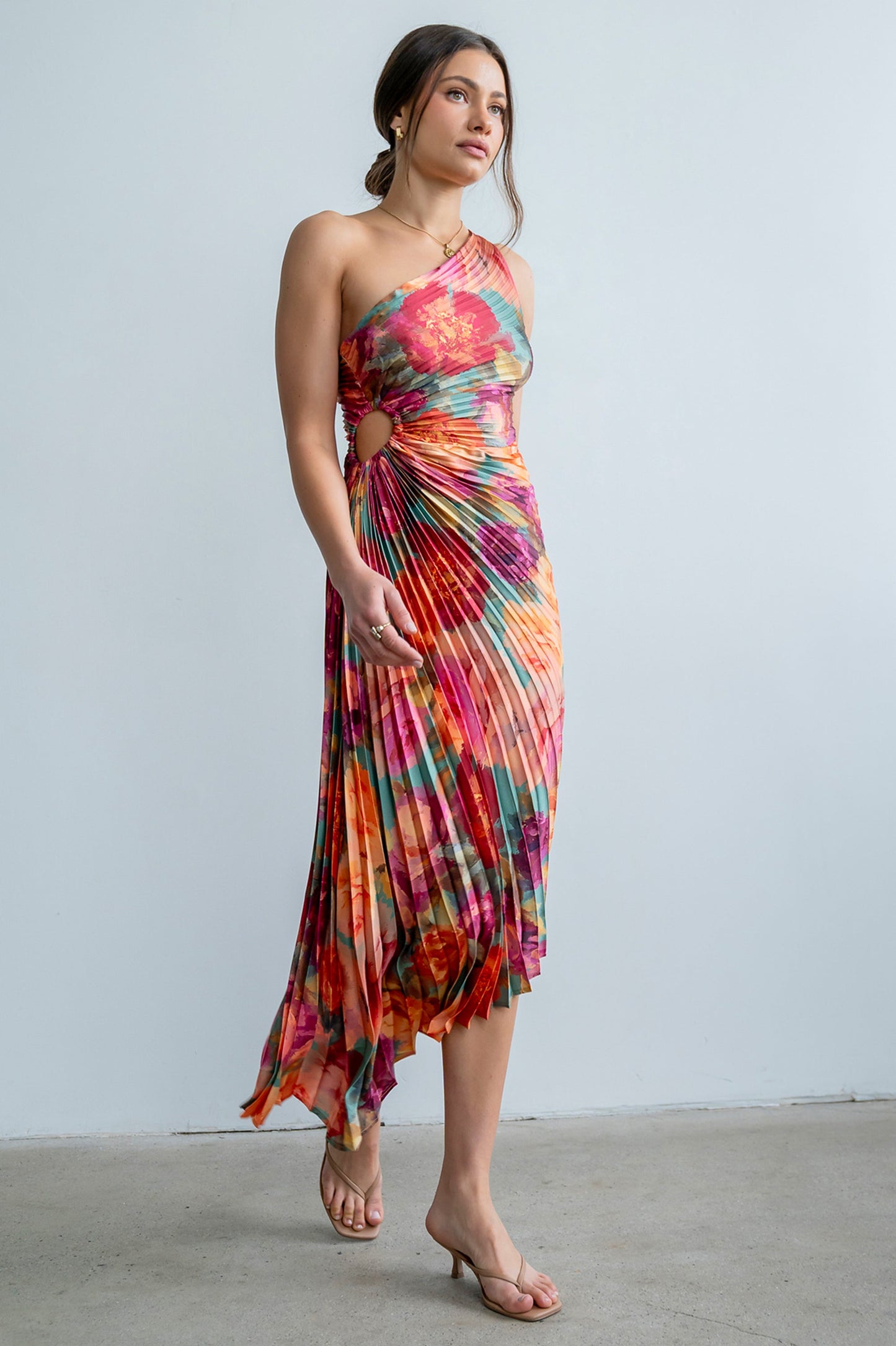Asymmetrical Pleated Maxi Dress in Multi