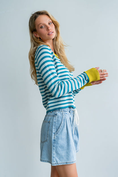 Kailey Striped Cardigan in Teal