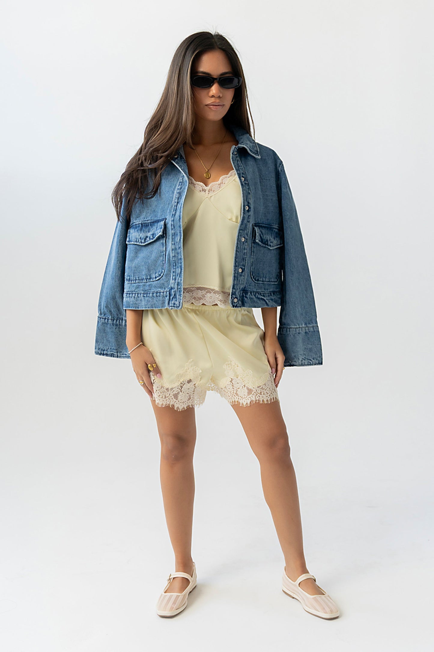 Bricelyn Lace Trim Satin Shorts