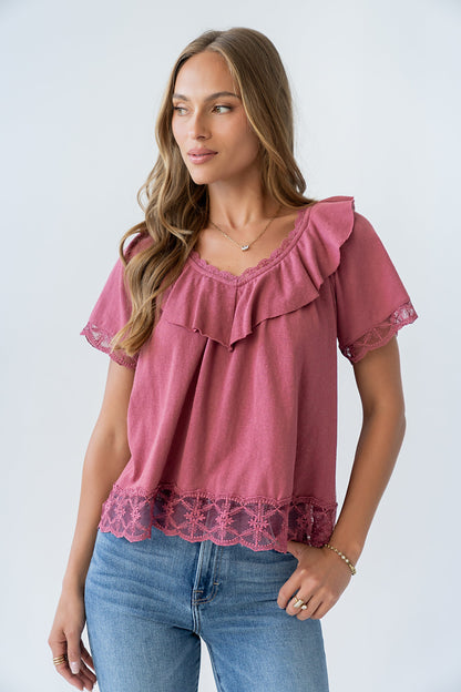 Lilian Lace Trim Top in Berry
