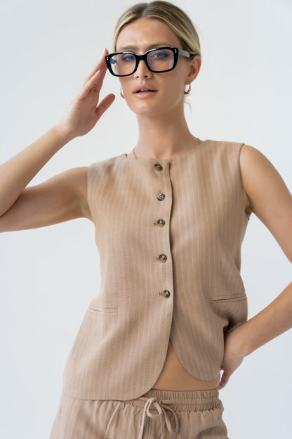 Vivienne Pinstripe Sleeveless Vest in Tan