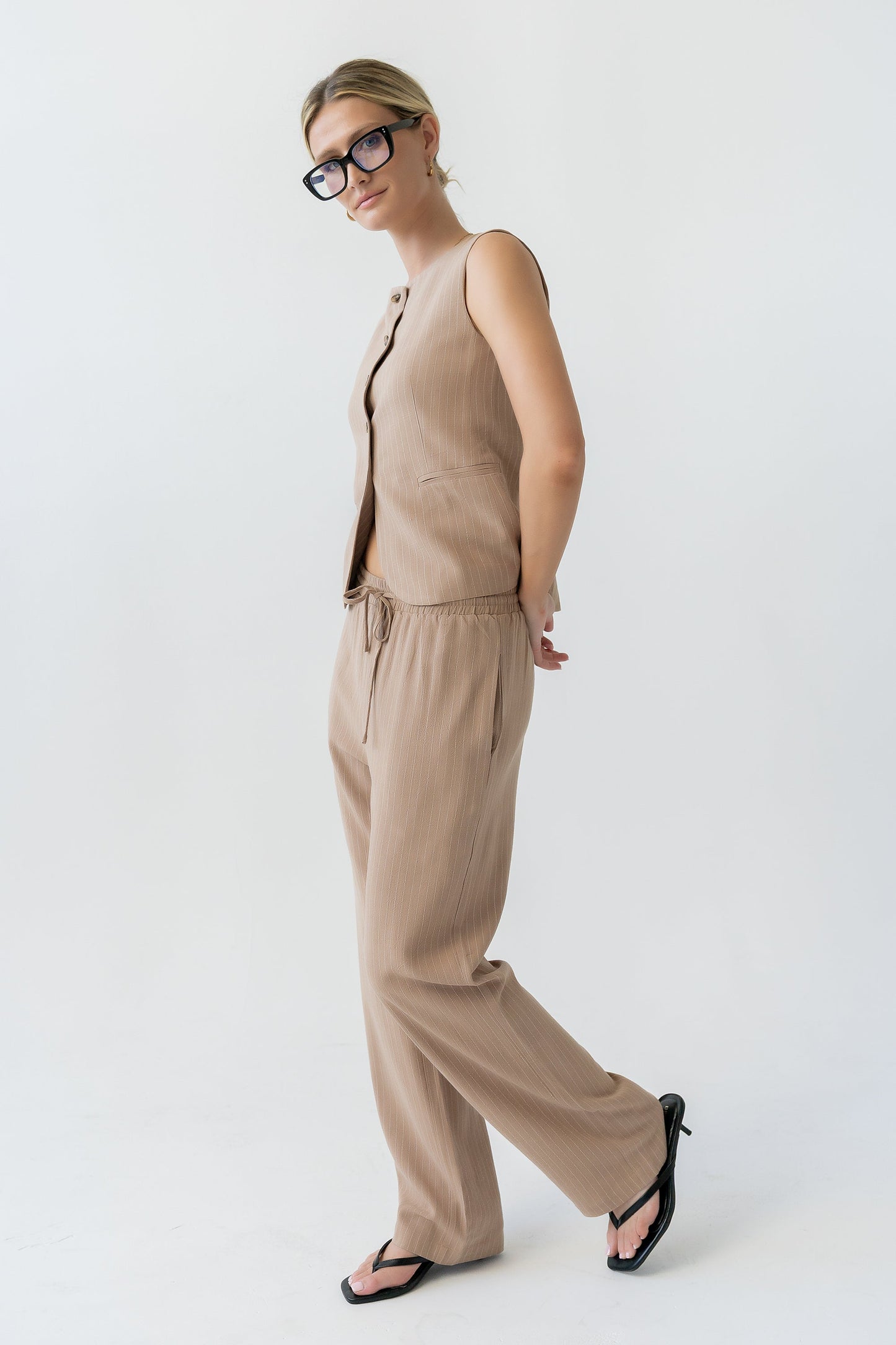 Vivienne Pinstripe Wide Leg Pants in Tan