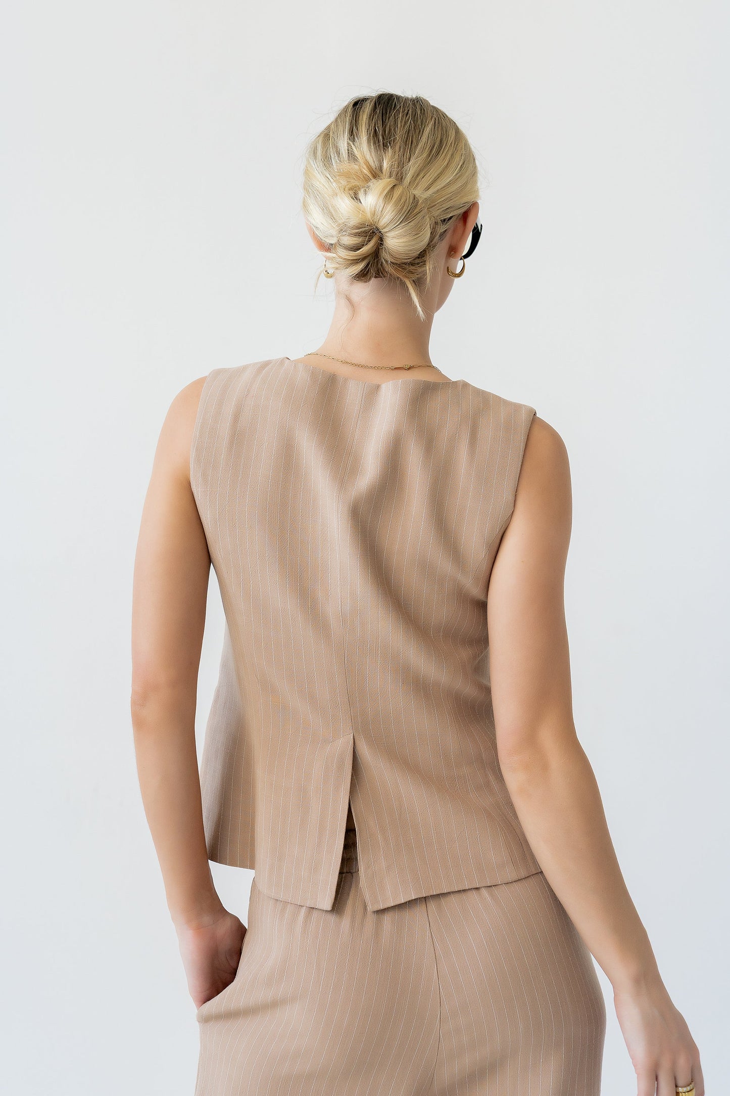 Vivienne Pinstripe Sleeveless Vest in Tan