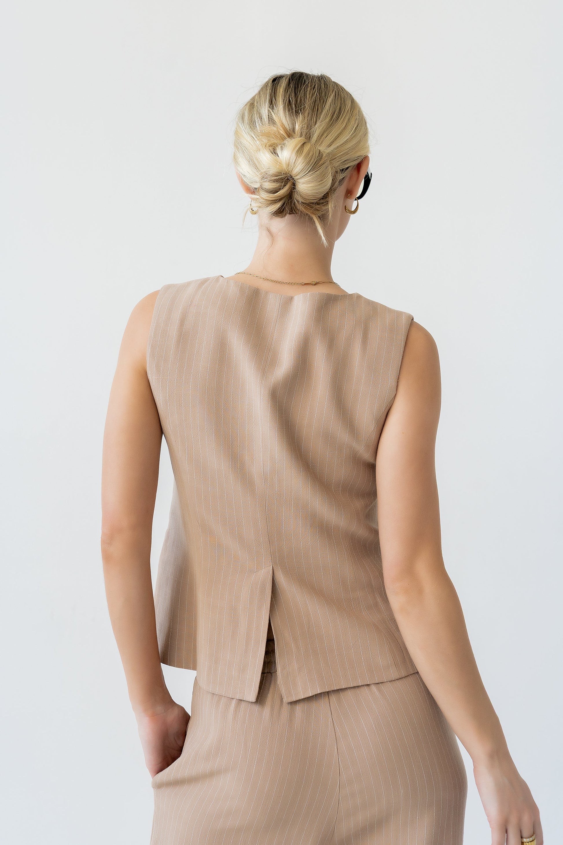 Vivienne Pinstripe Sleeveless Vest in Tan