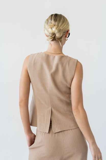 Vivienne Pinstripe Sleeveless Vest in Tan